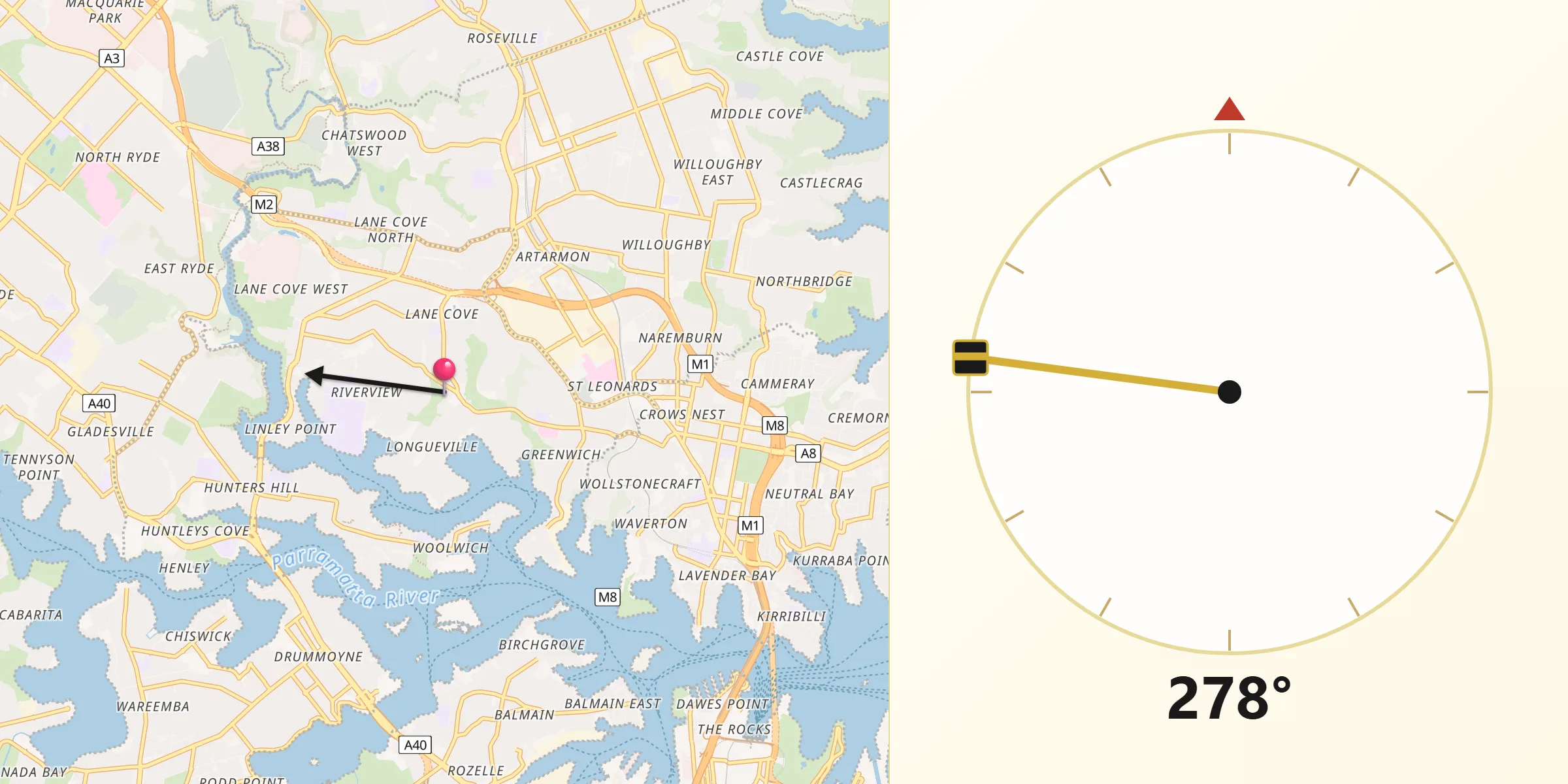 Qibla Direction from Lane Cove
