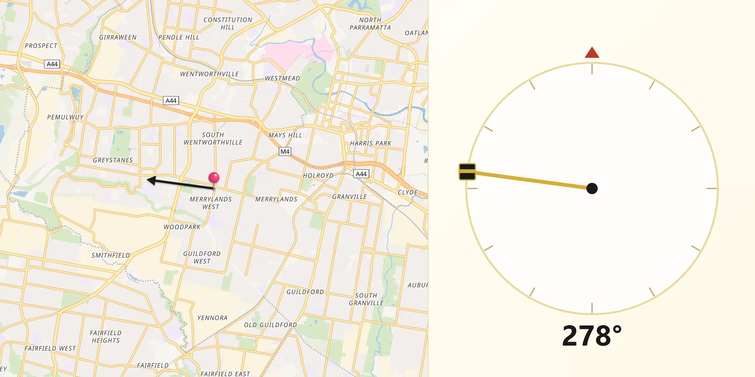 Qibla Direction from Merrylands West