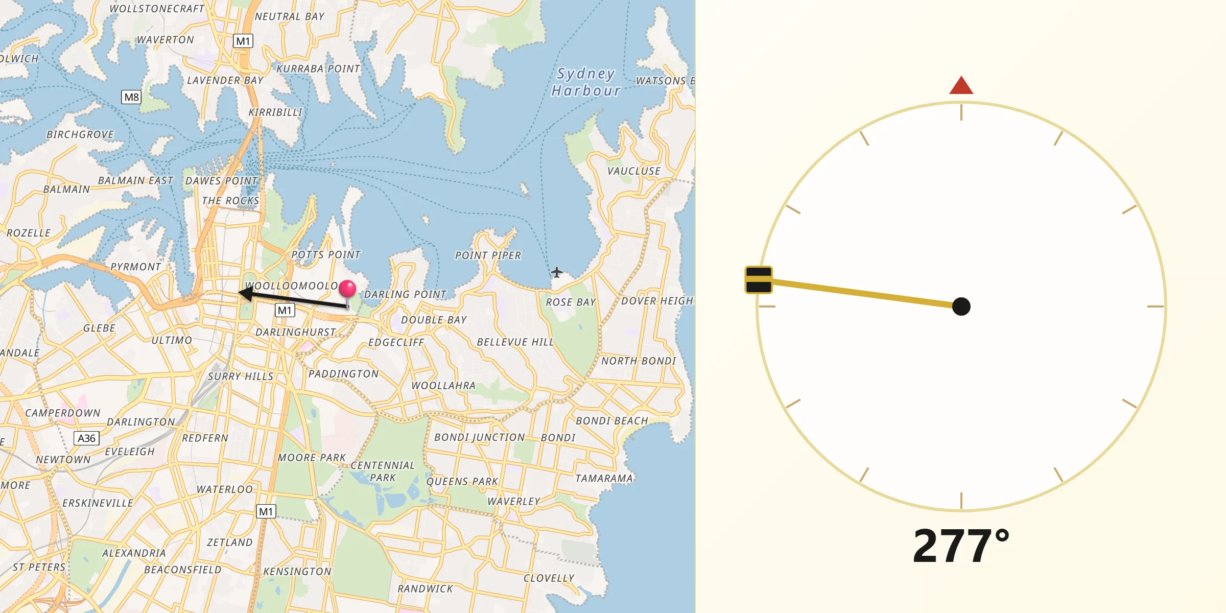 Qibla Direction from Rushcutters Bay