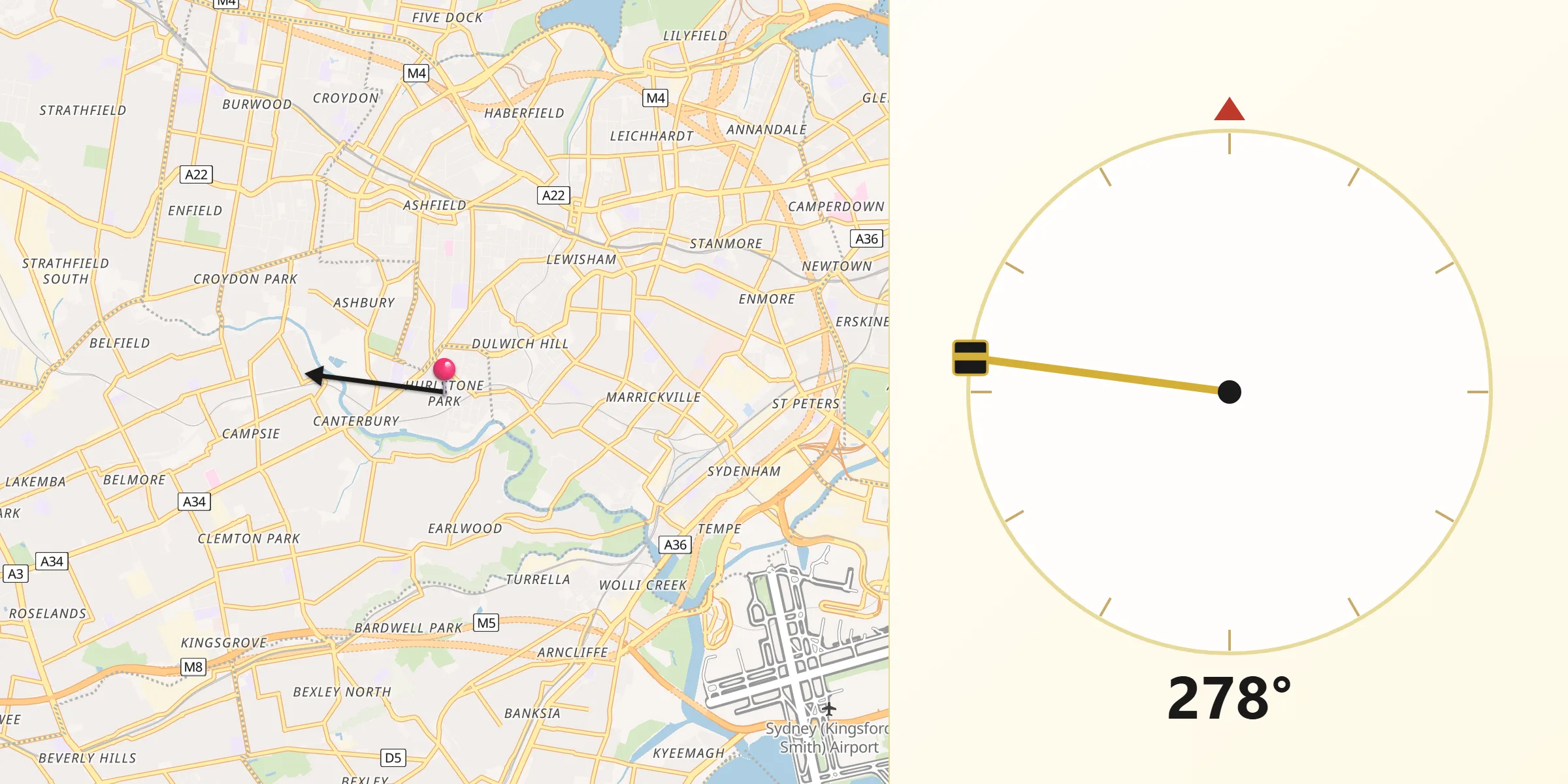 Qibla Direction from Hurlstone Park