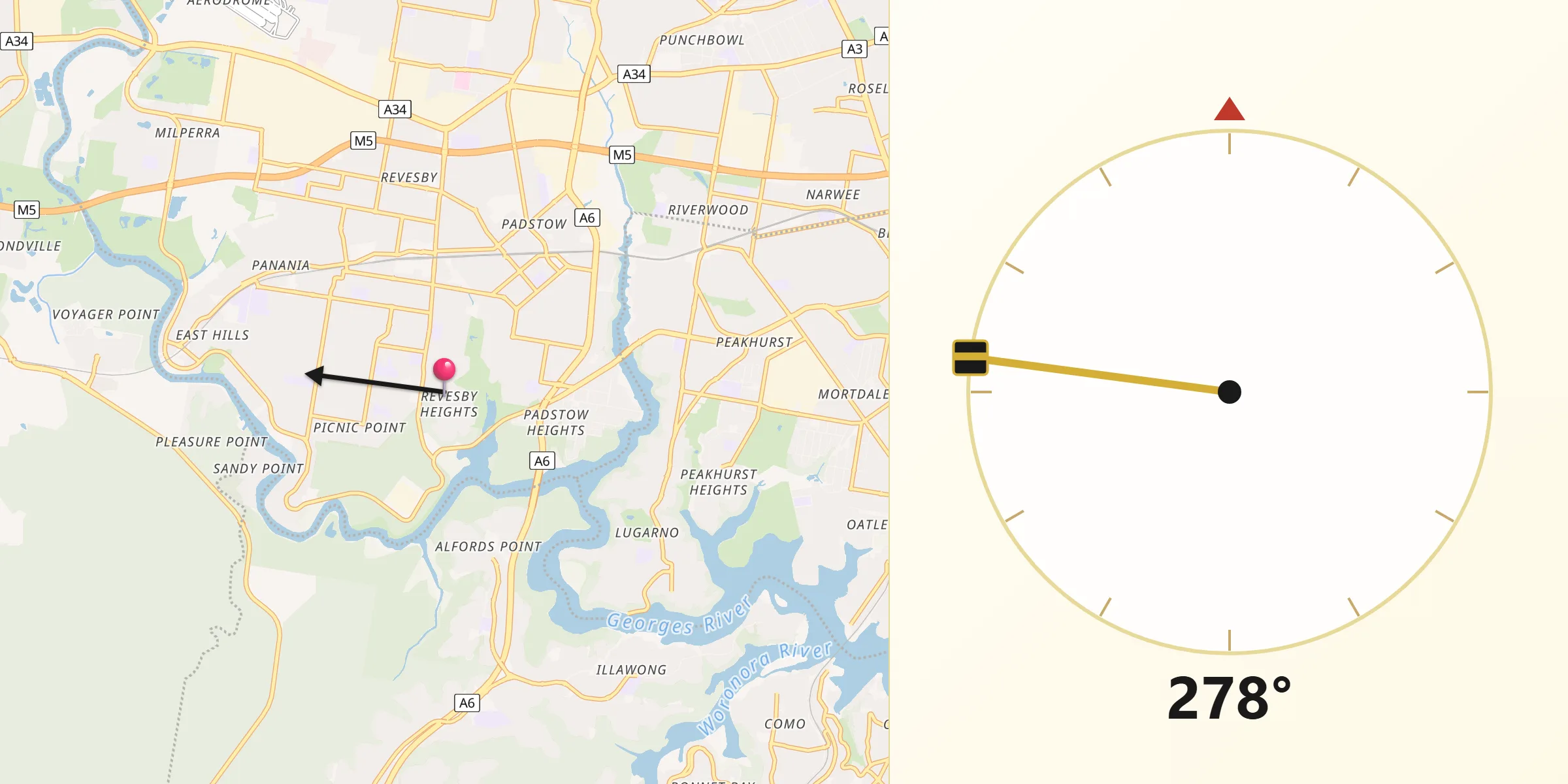 Qibla Direction from Revesby Heights