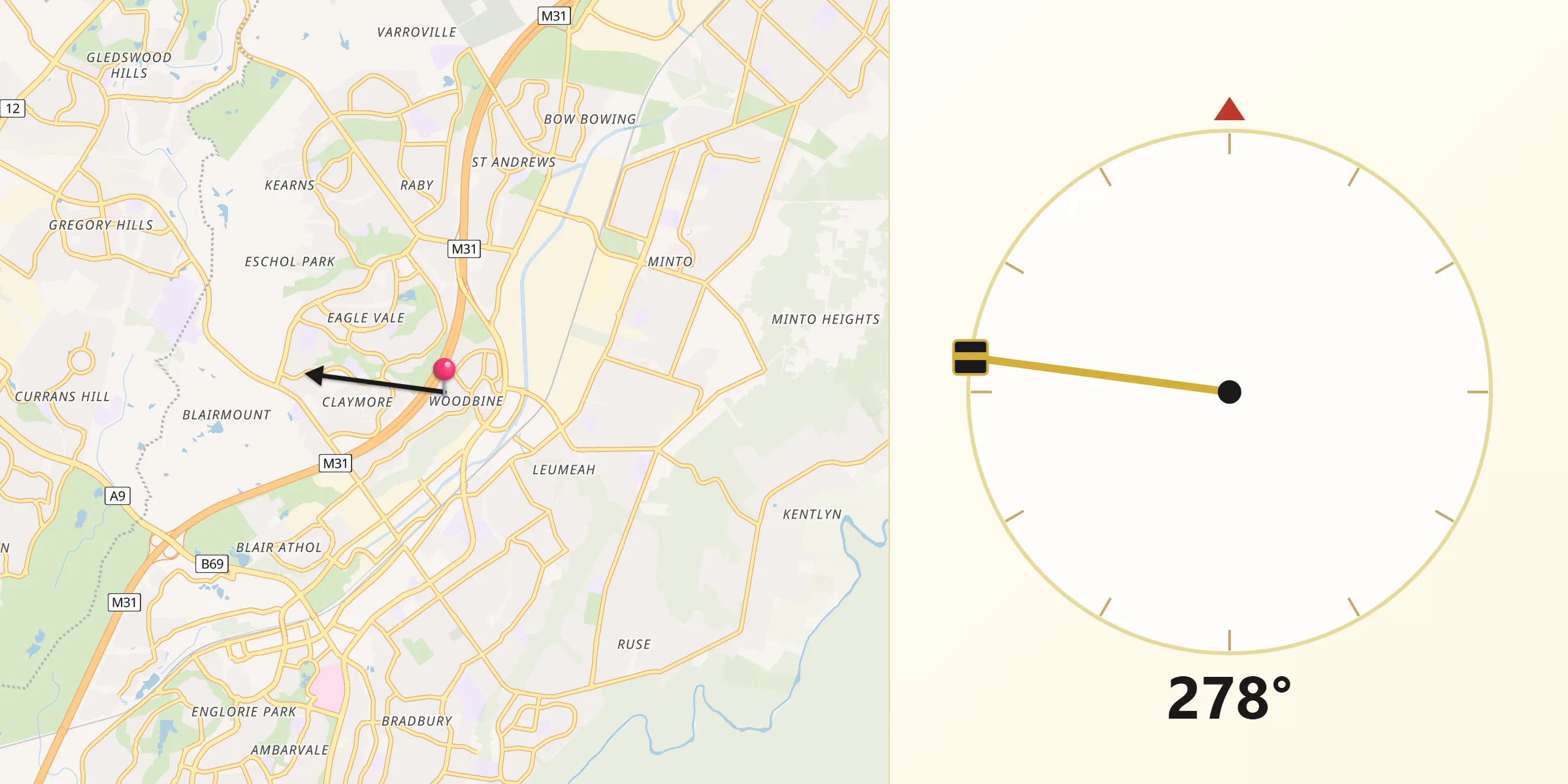 Qibla Direction from Woodbine