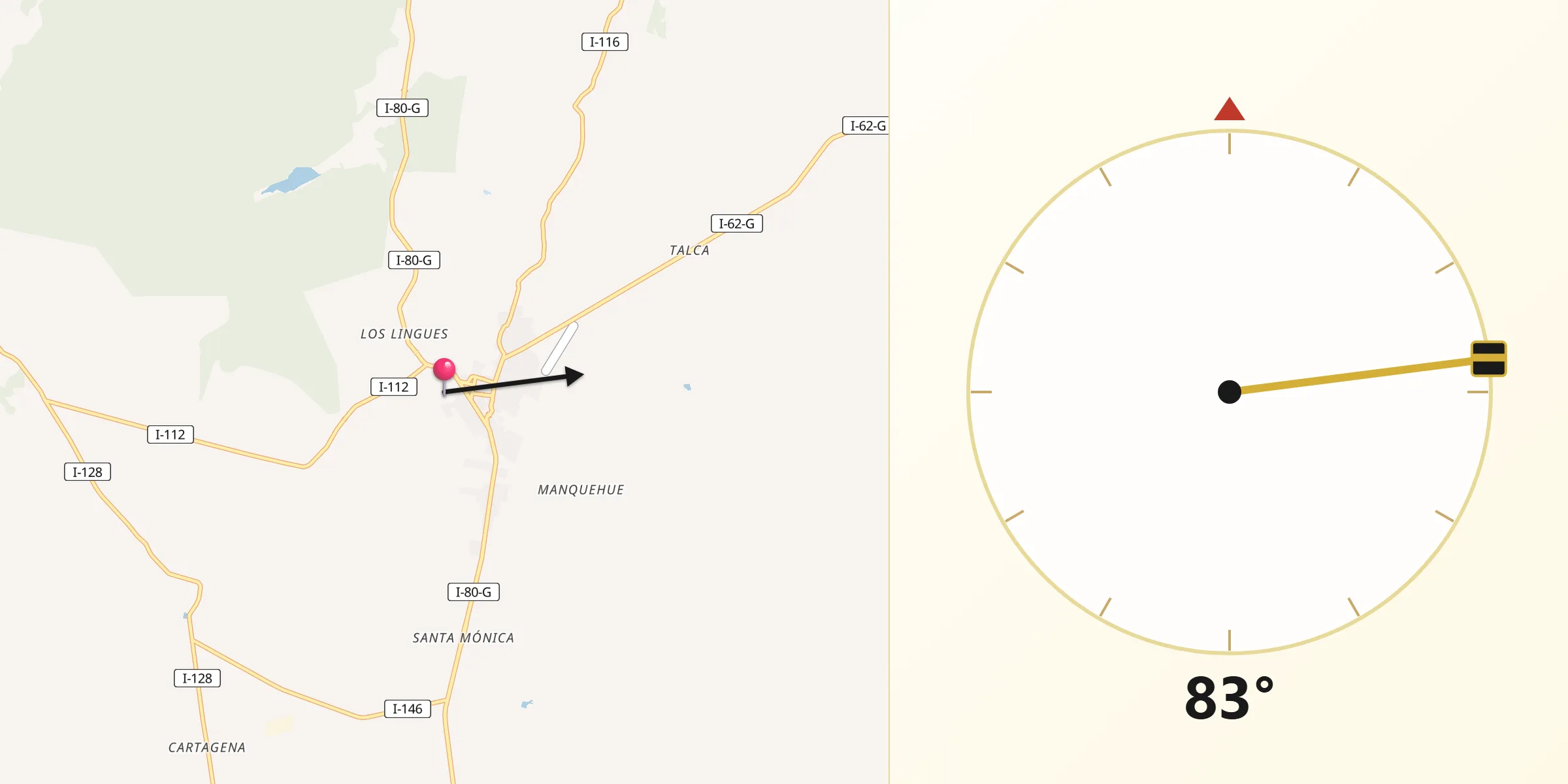 Dirección de la Qibla desde Litueche