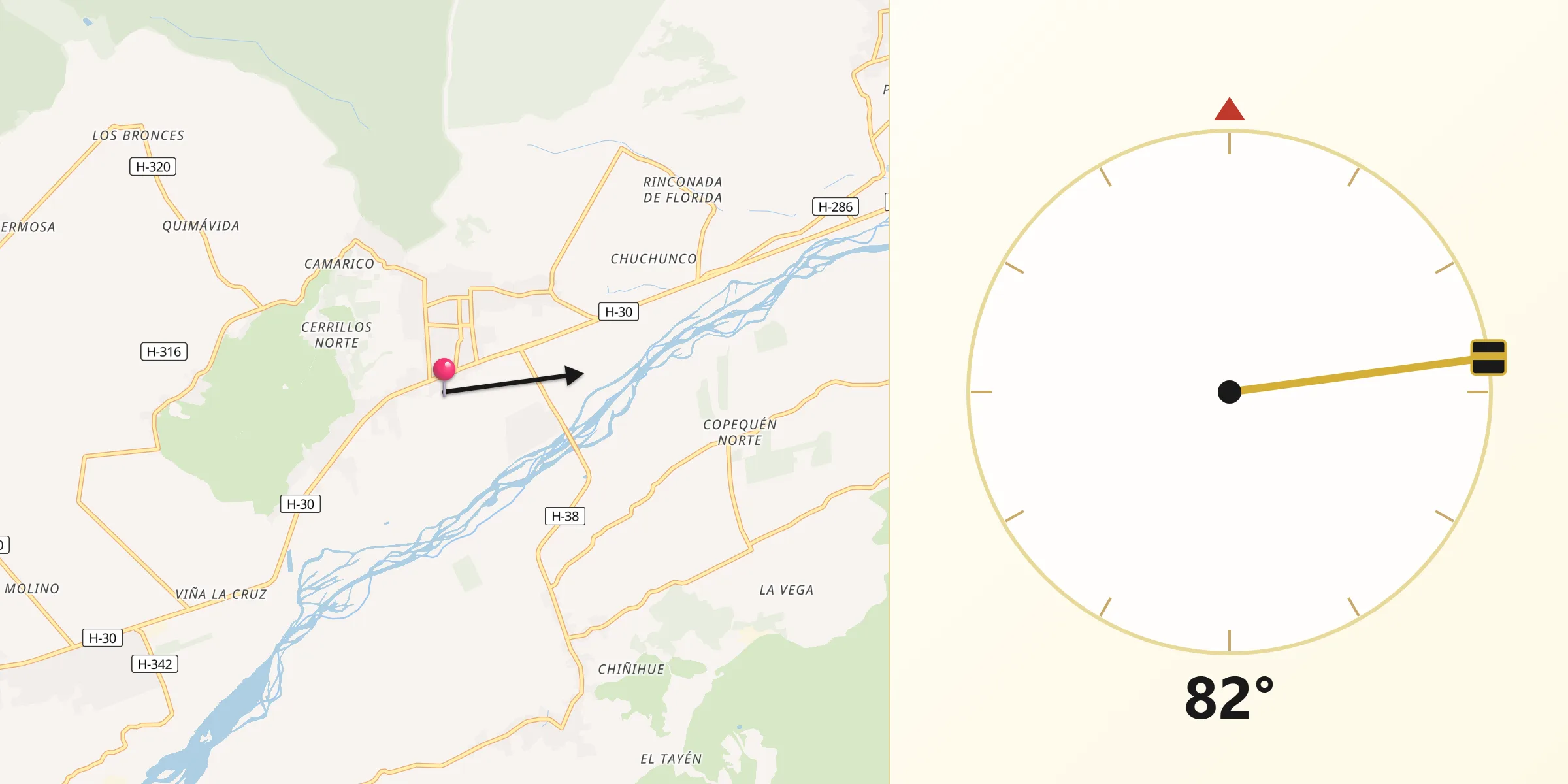 Dirección de la Qibla desde Doñihue