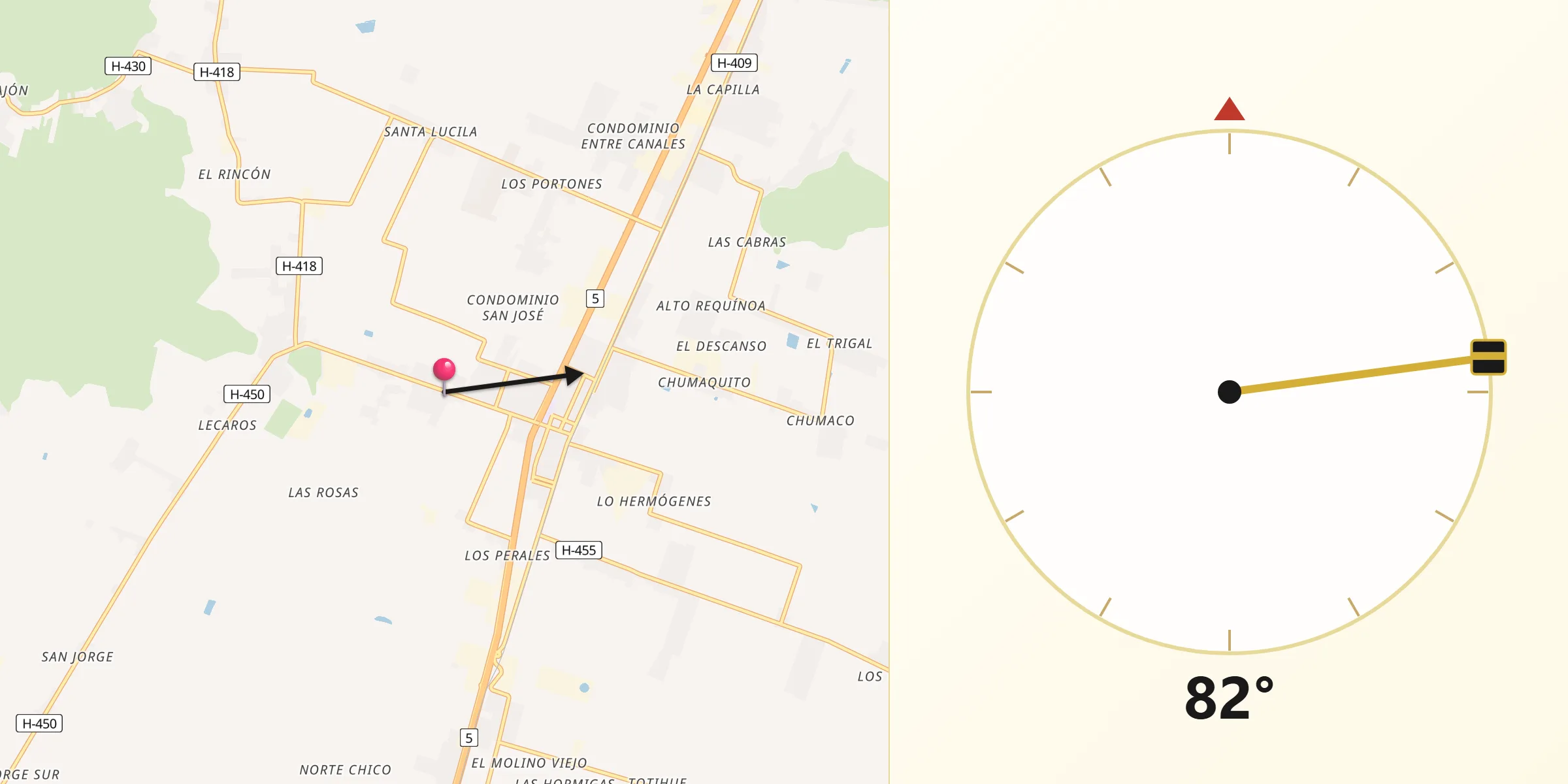 Dirección de la Qibla desde Requínoa