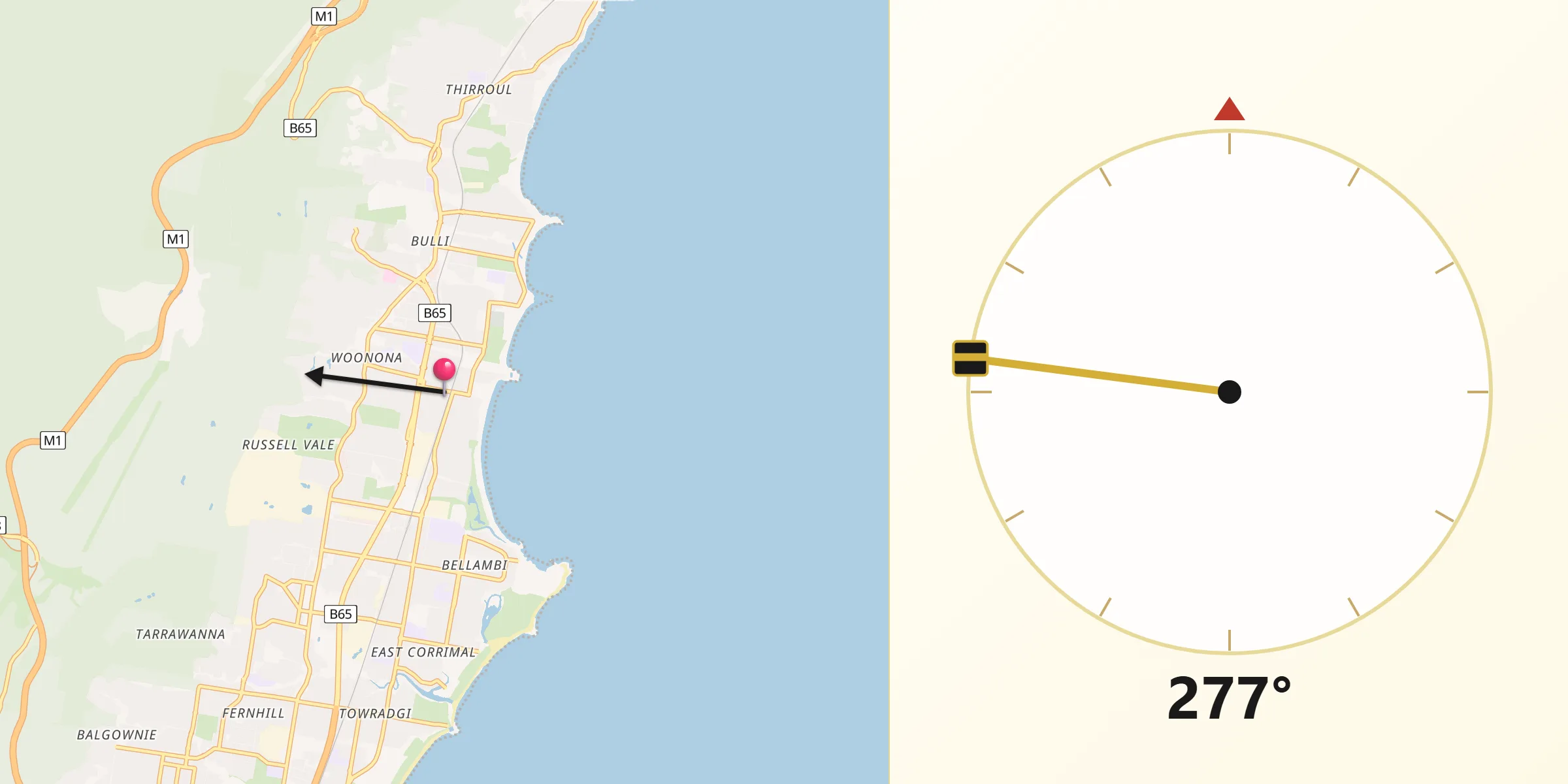 Qibla Direction from Woonona