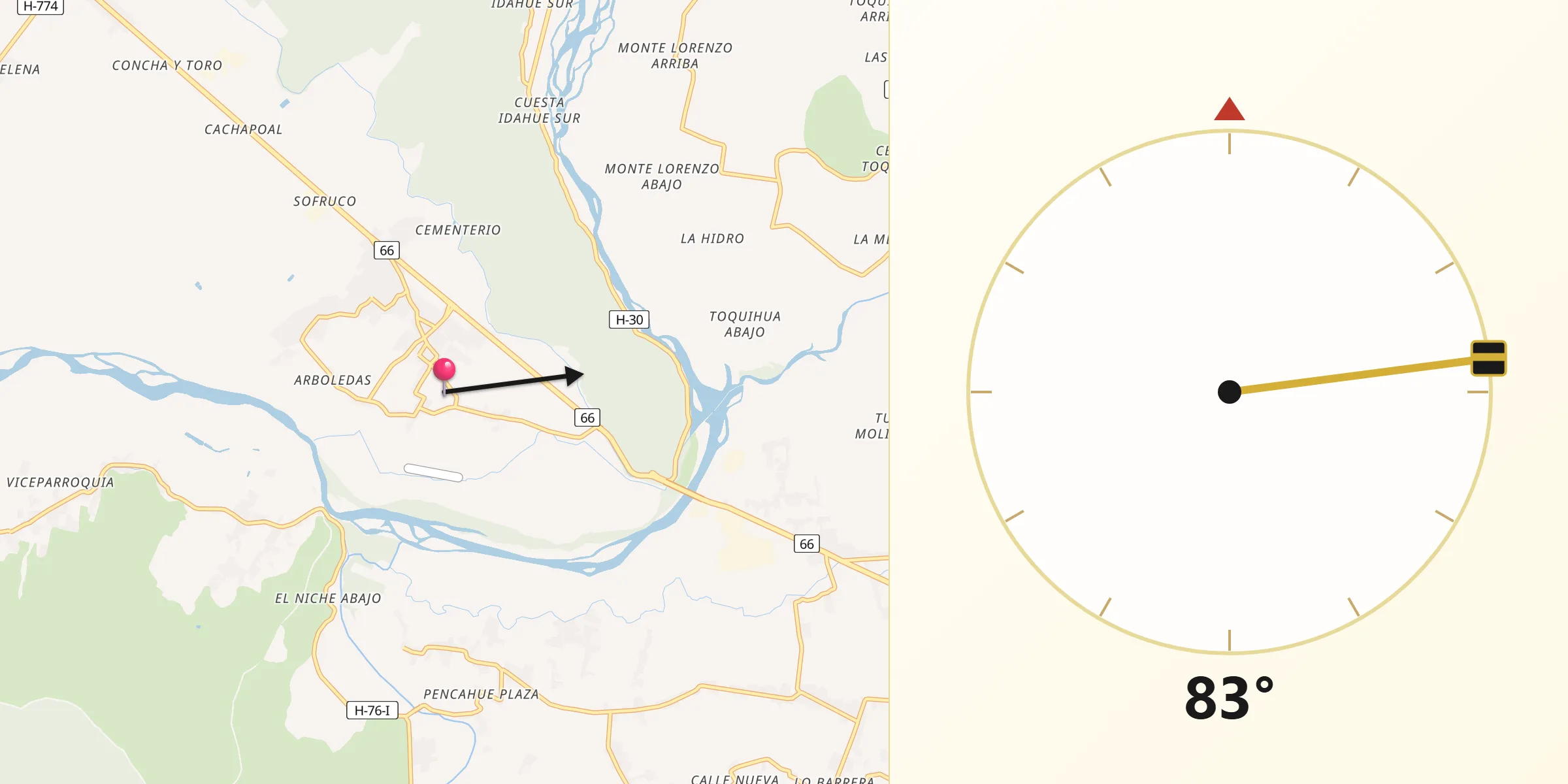 Dirección de la Qibla desde Peumo