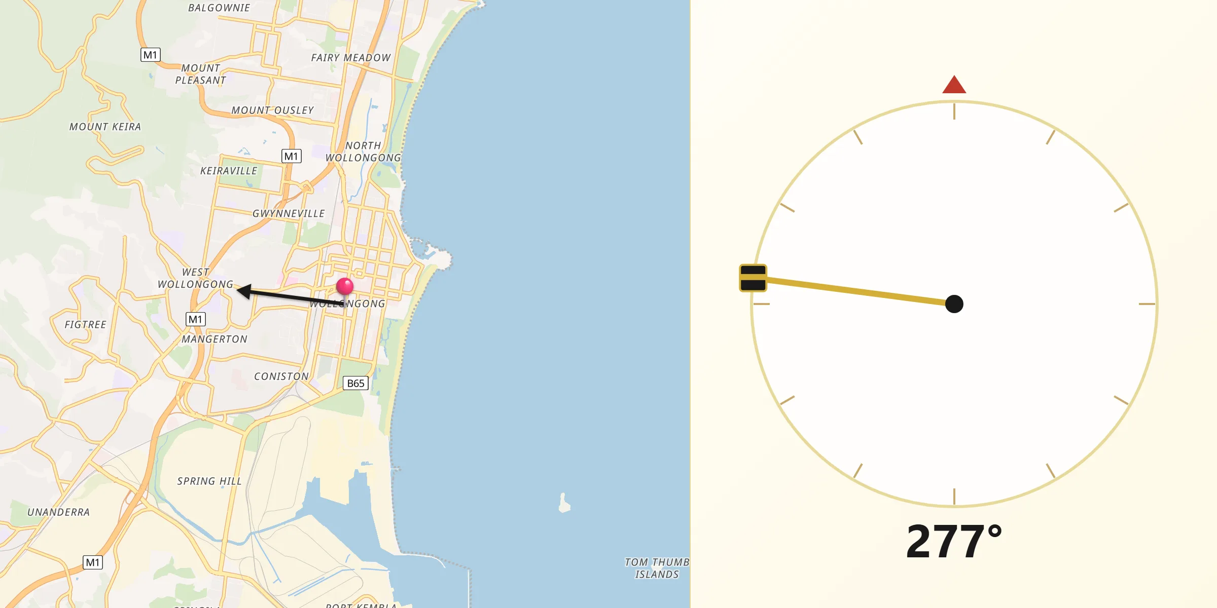 Qibla Direction from Wollongong city centre