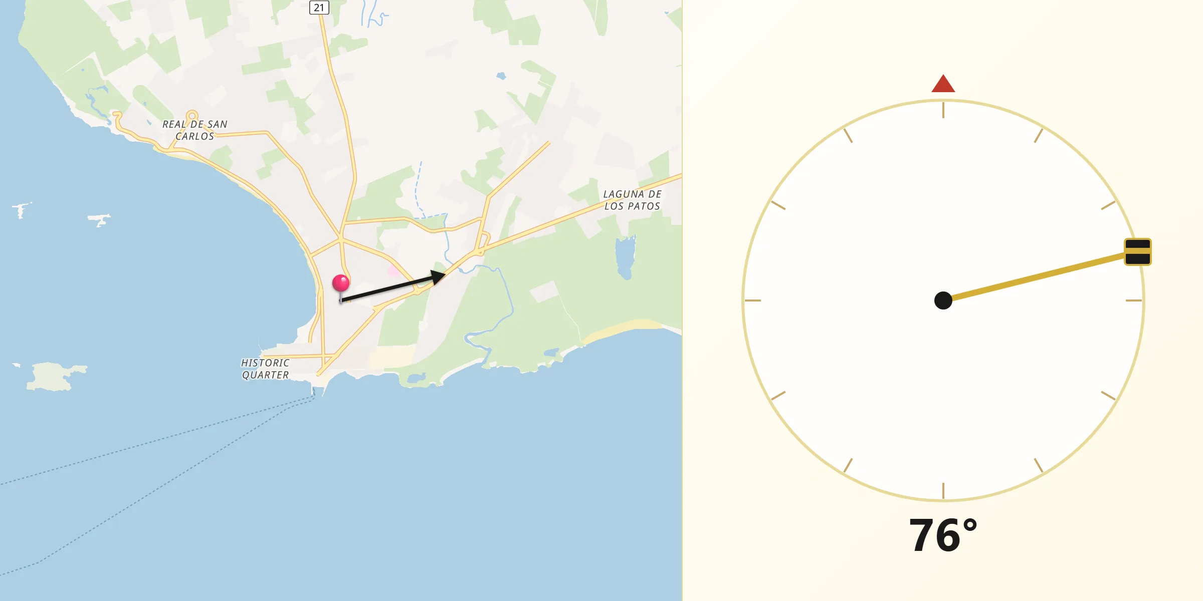 Dirección de la Qibla desde Colonia del Sacramento