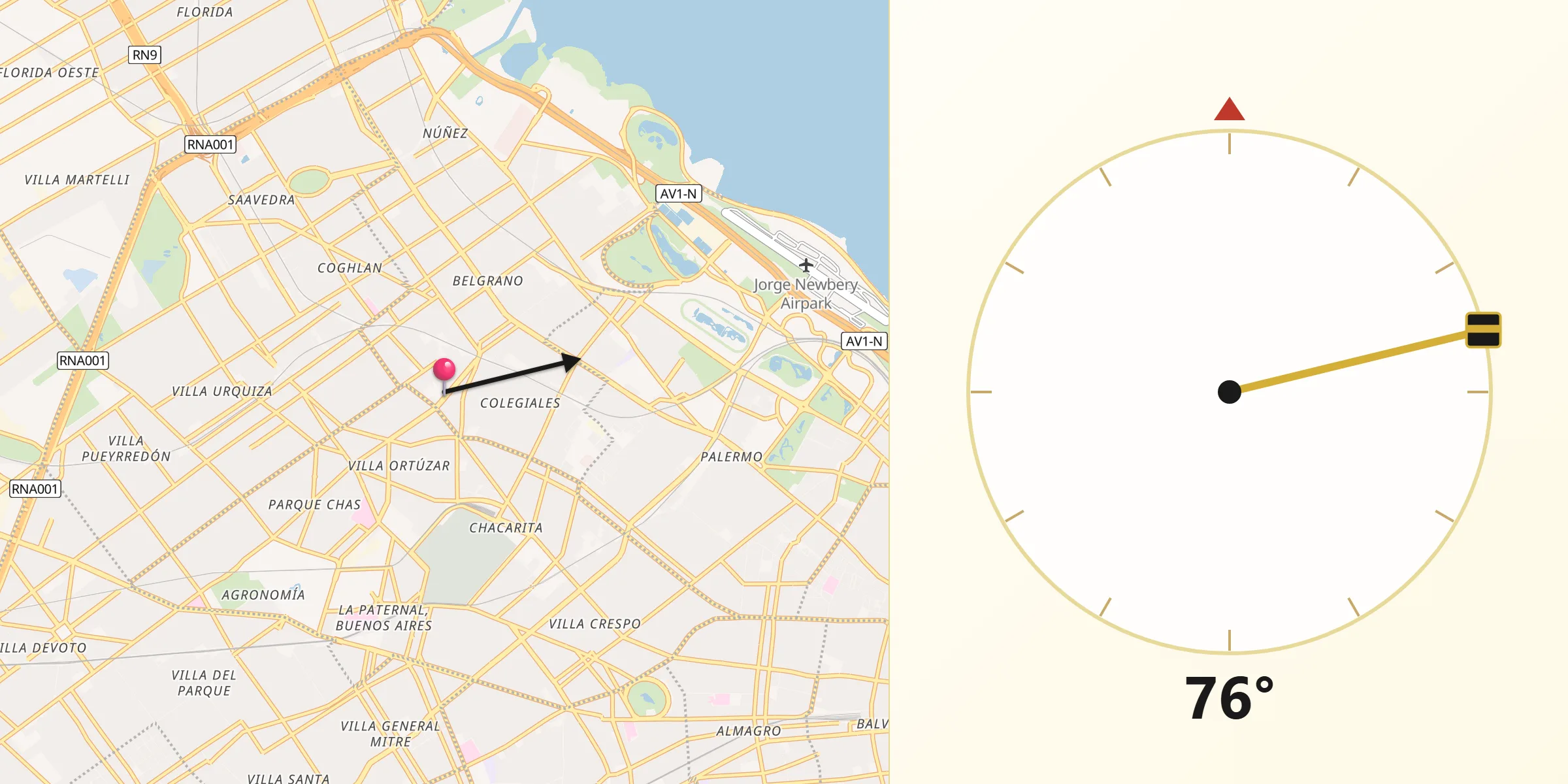 Dirección de la Qibla desde Palermo