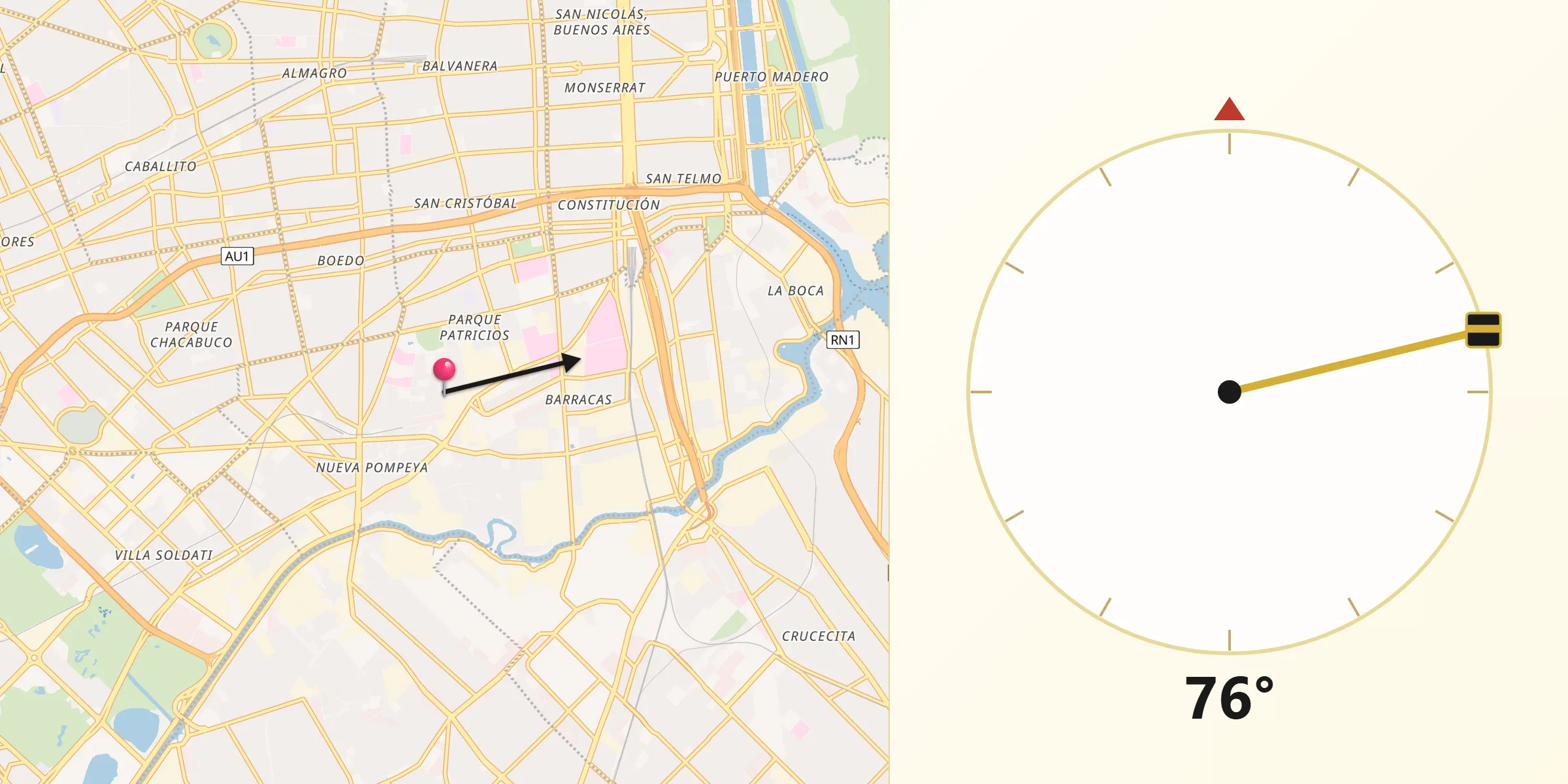 Dirección de la Qibla desde Barracas