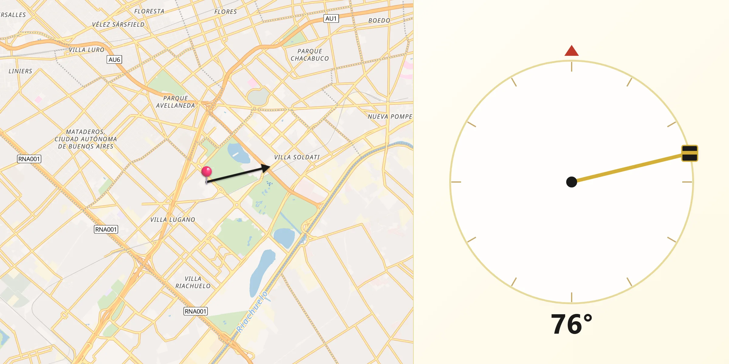 Dirección de la Qibla desde Villa Soldati