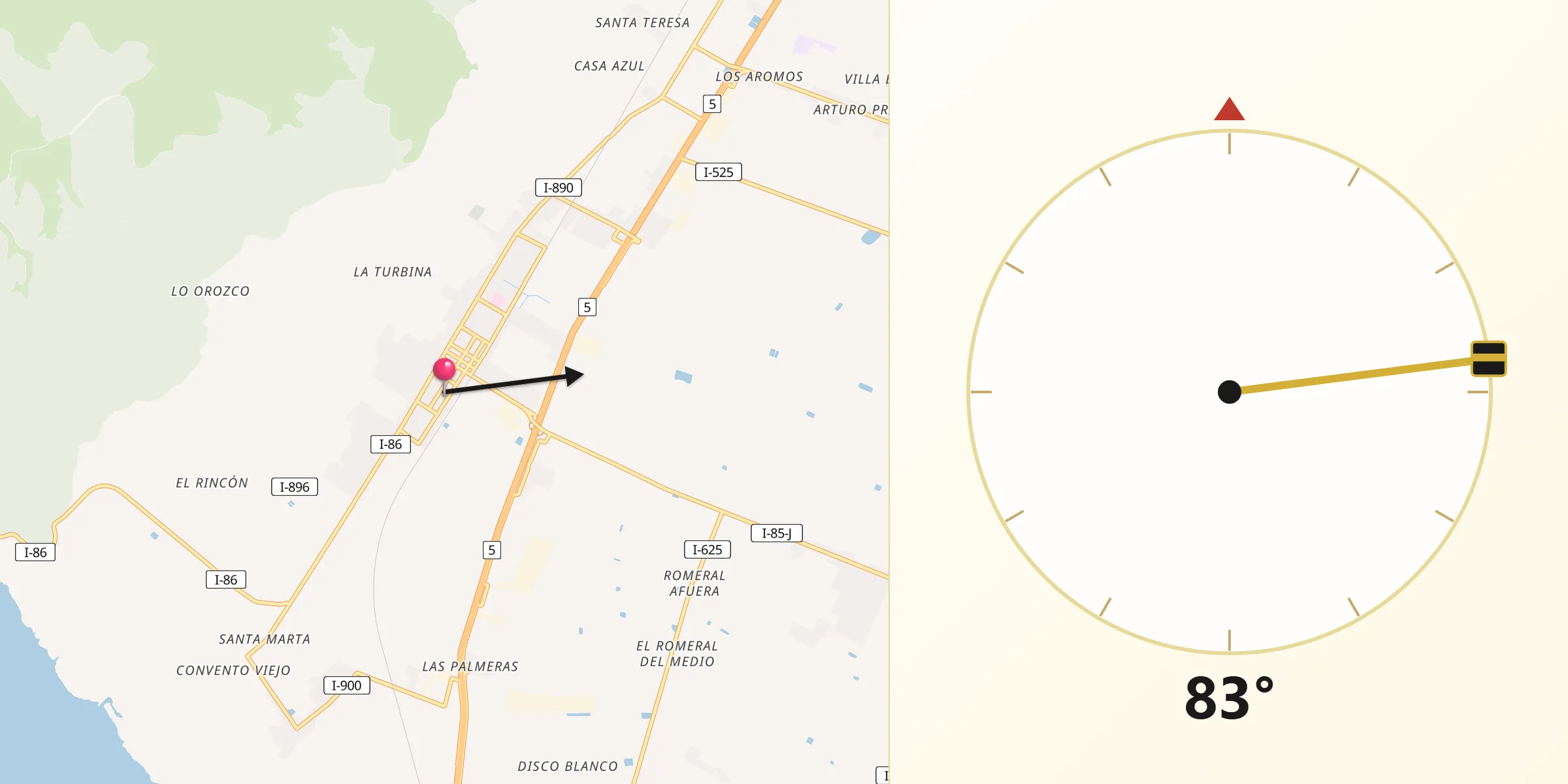 Dirección de la Qibla desde Chimbarongo