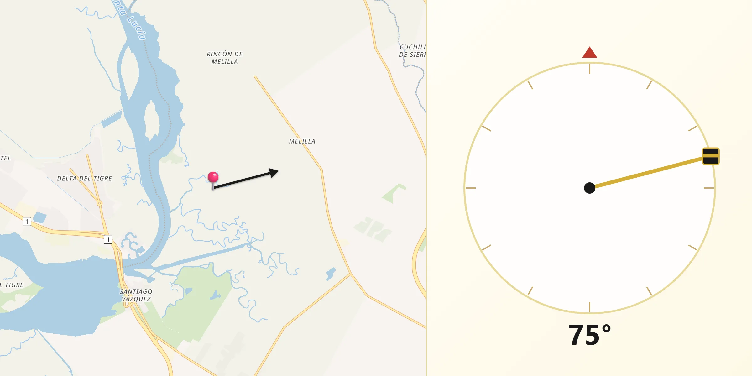 Dirección de la Qibla desde Tres Ombues