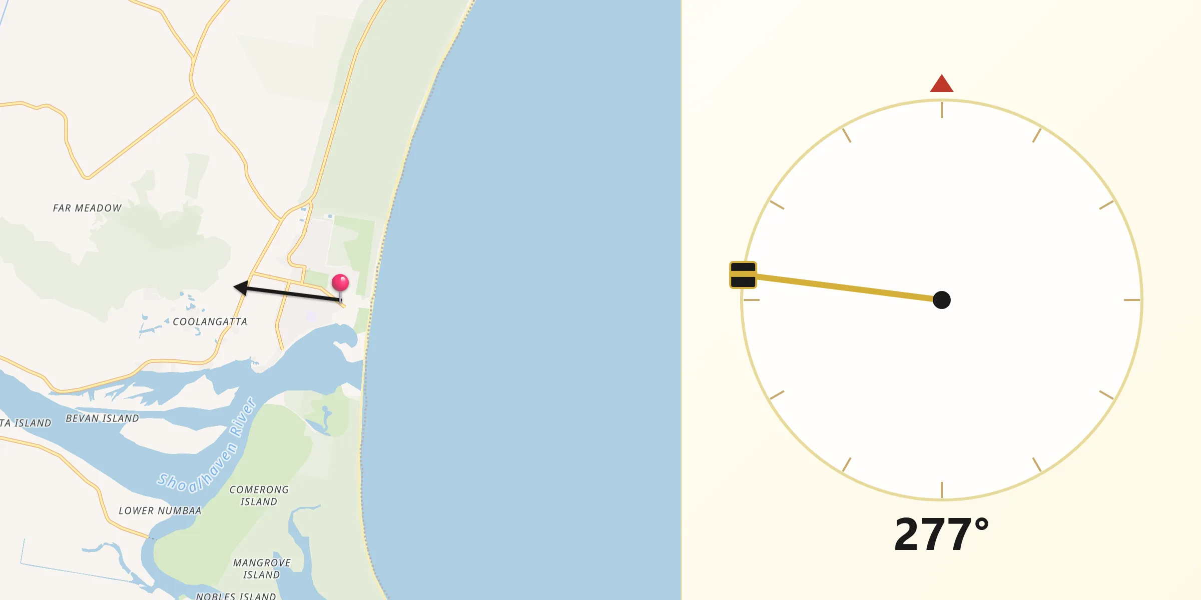 Qibla Direction from Shoalhaven Heads