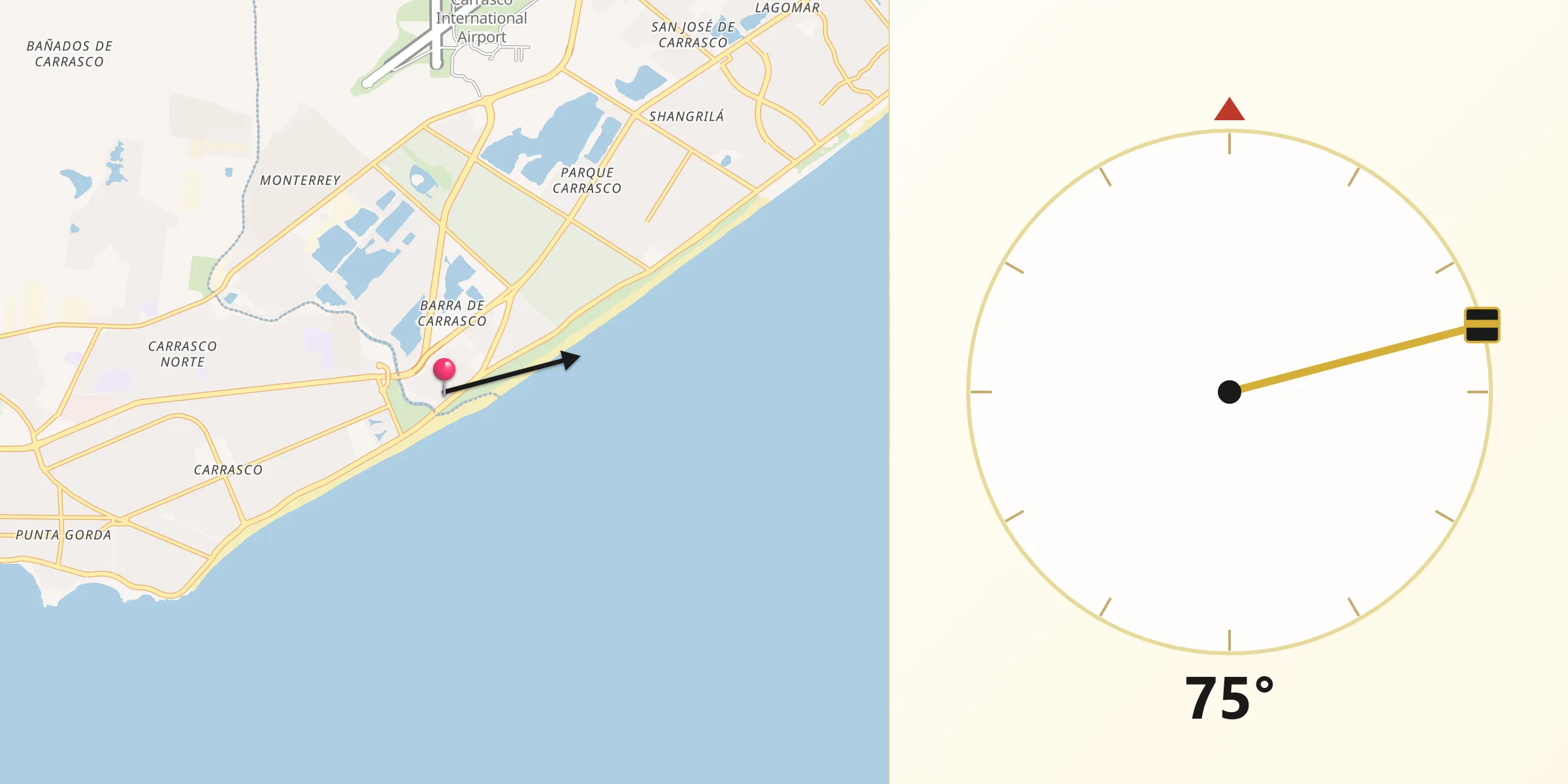 Dirección de la Qibla desde Barra de Carrasco