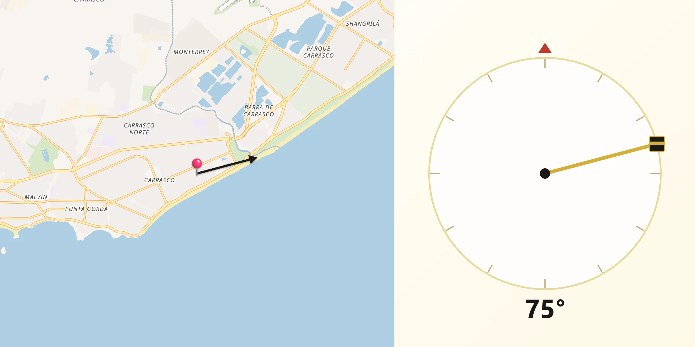 Dirección de la Qibla desde Barra de Carrasco
