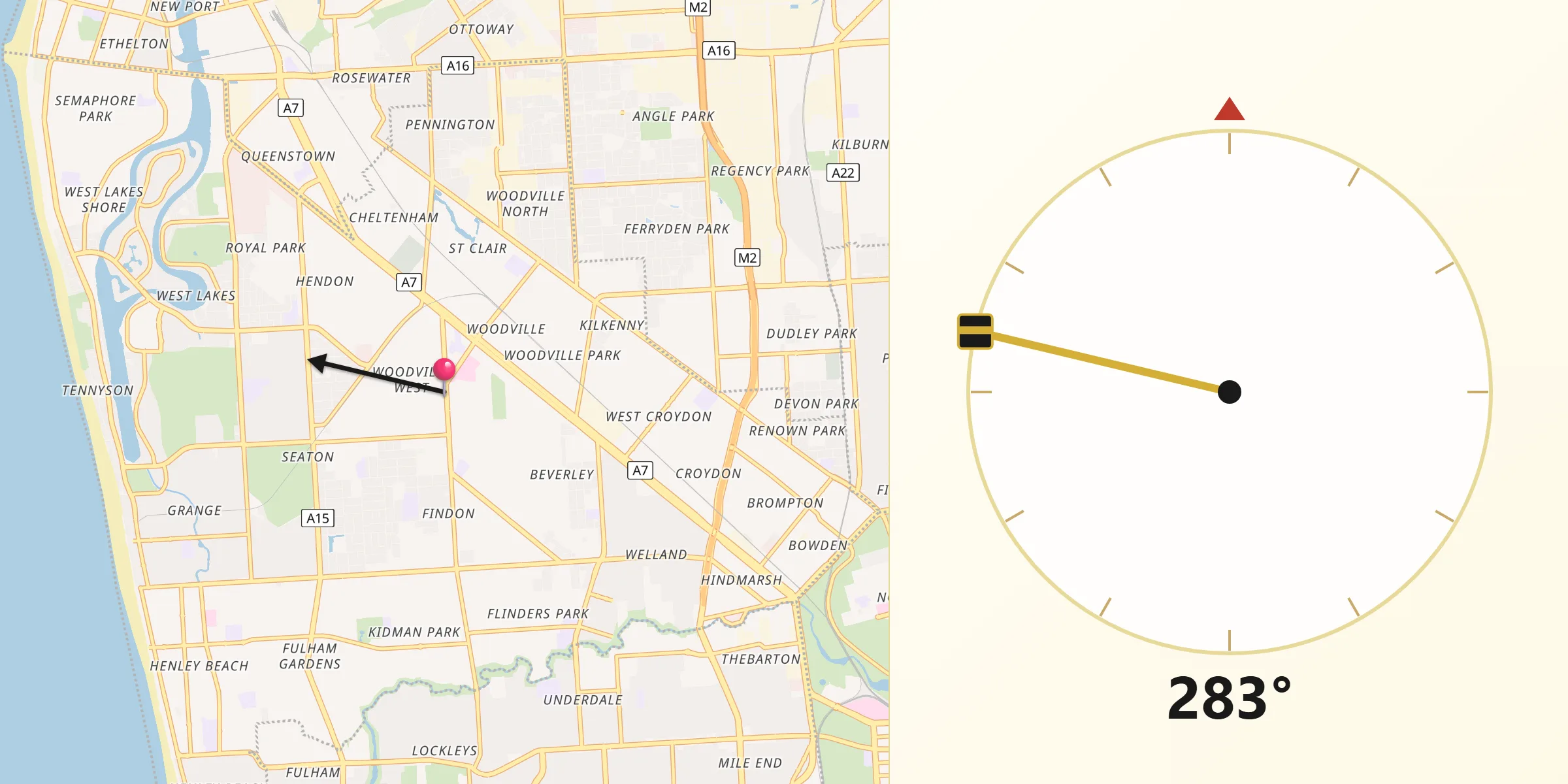 Qibla Direction from Woodville West