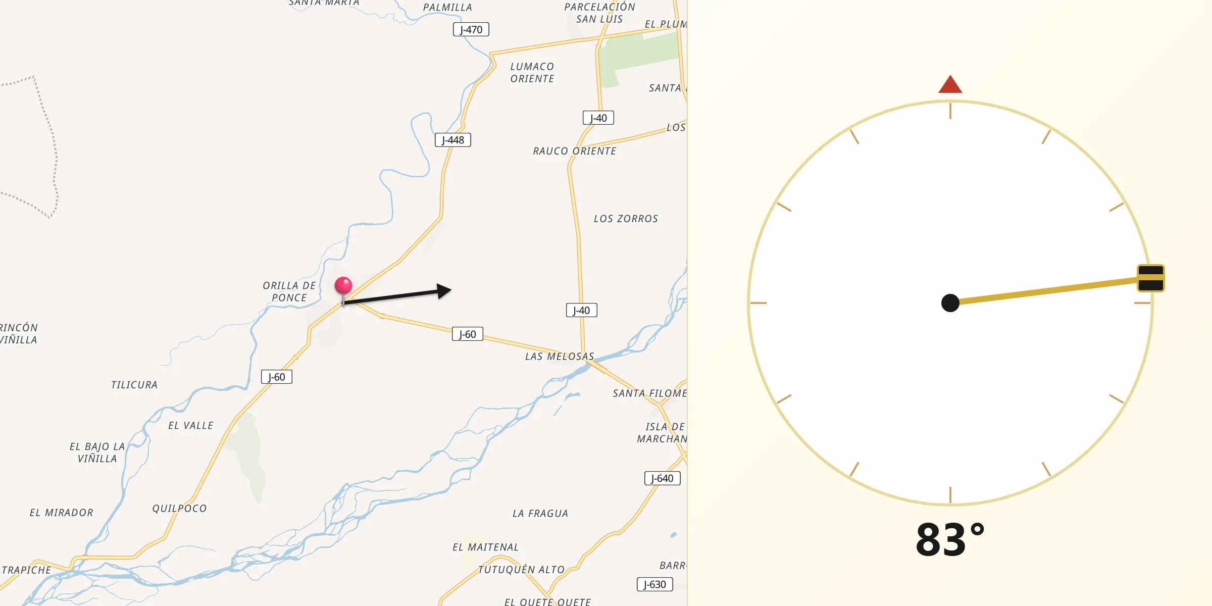 Dirección de la Qibla desde Rauco