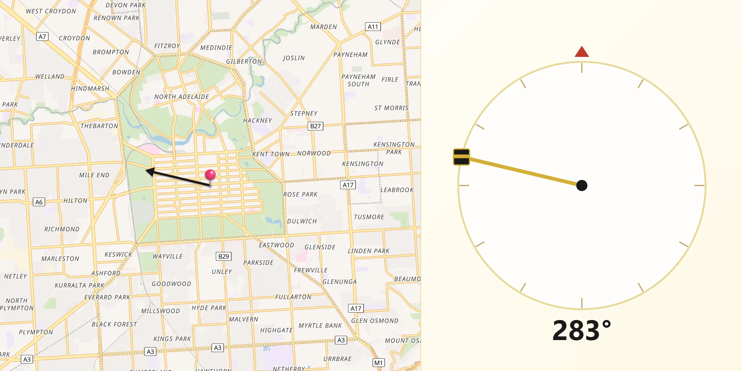 Qibla Direction from Adelaide CBD