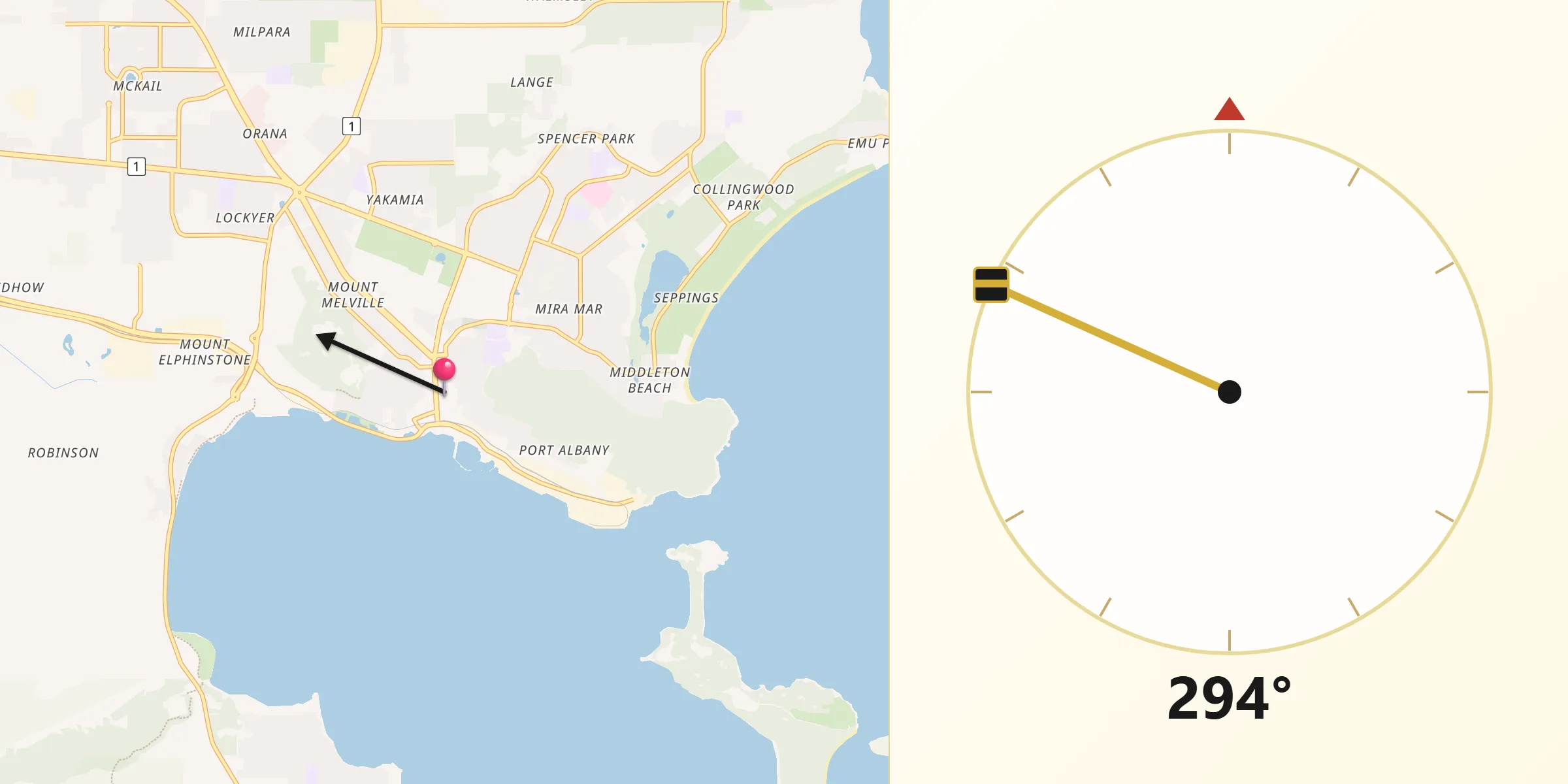 Qibla Direction from Albany city centre