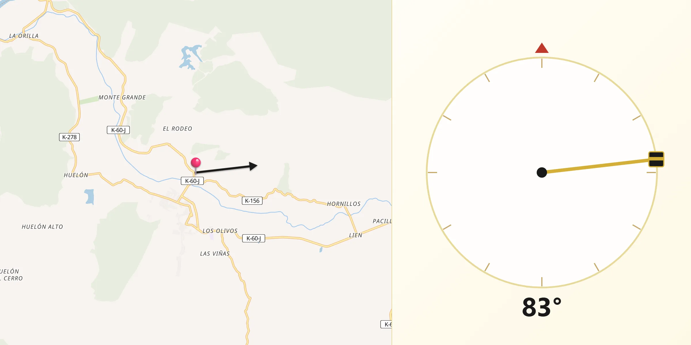 Dirección de la Qibla desde Curepto