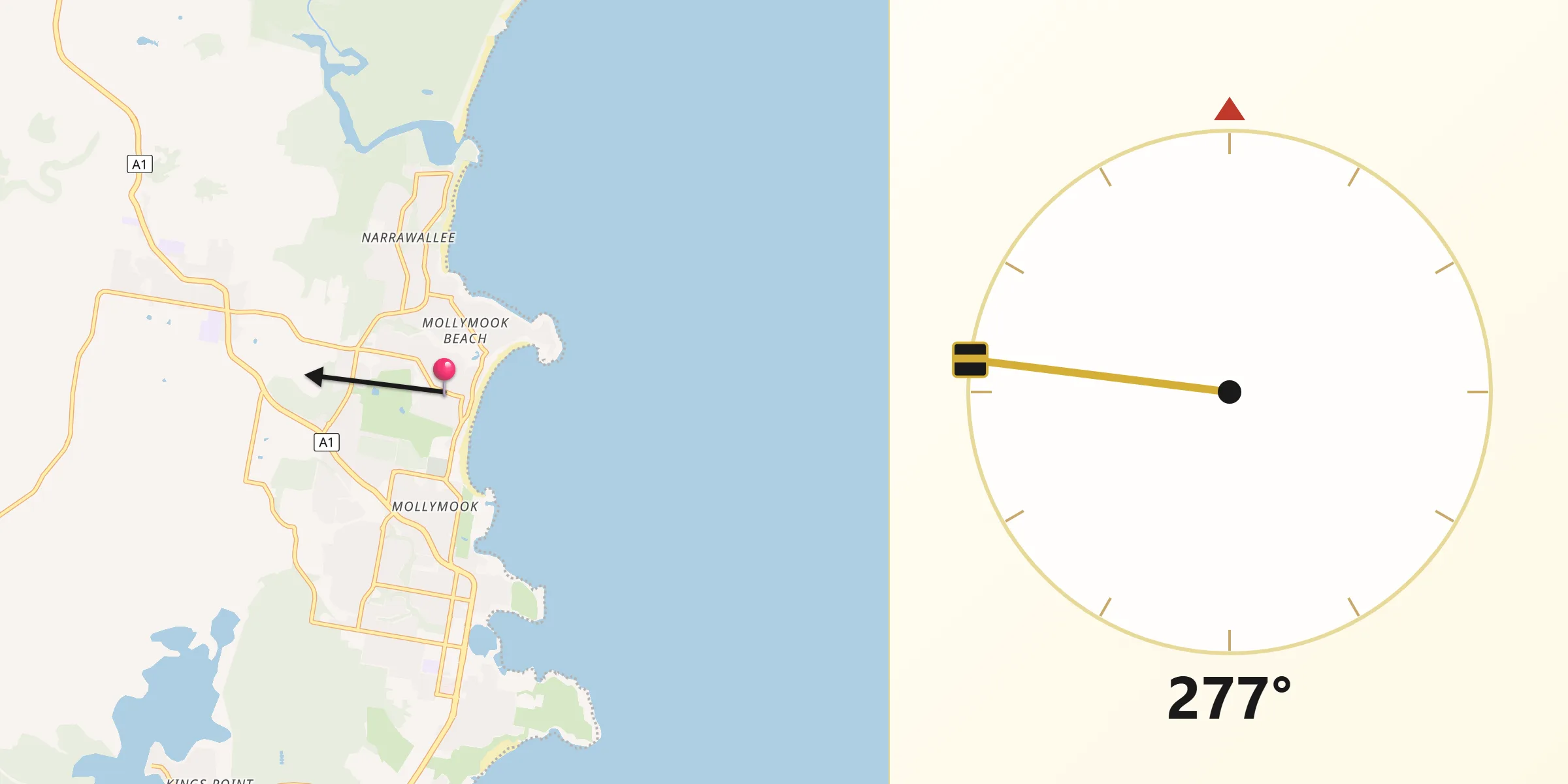Qibla Direction from Mollymook Beach