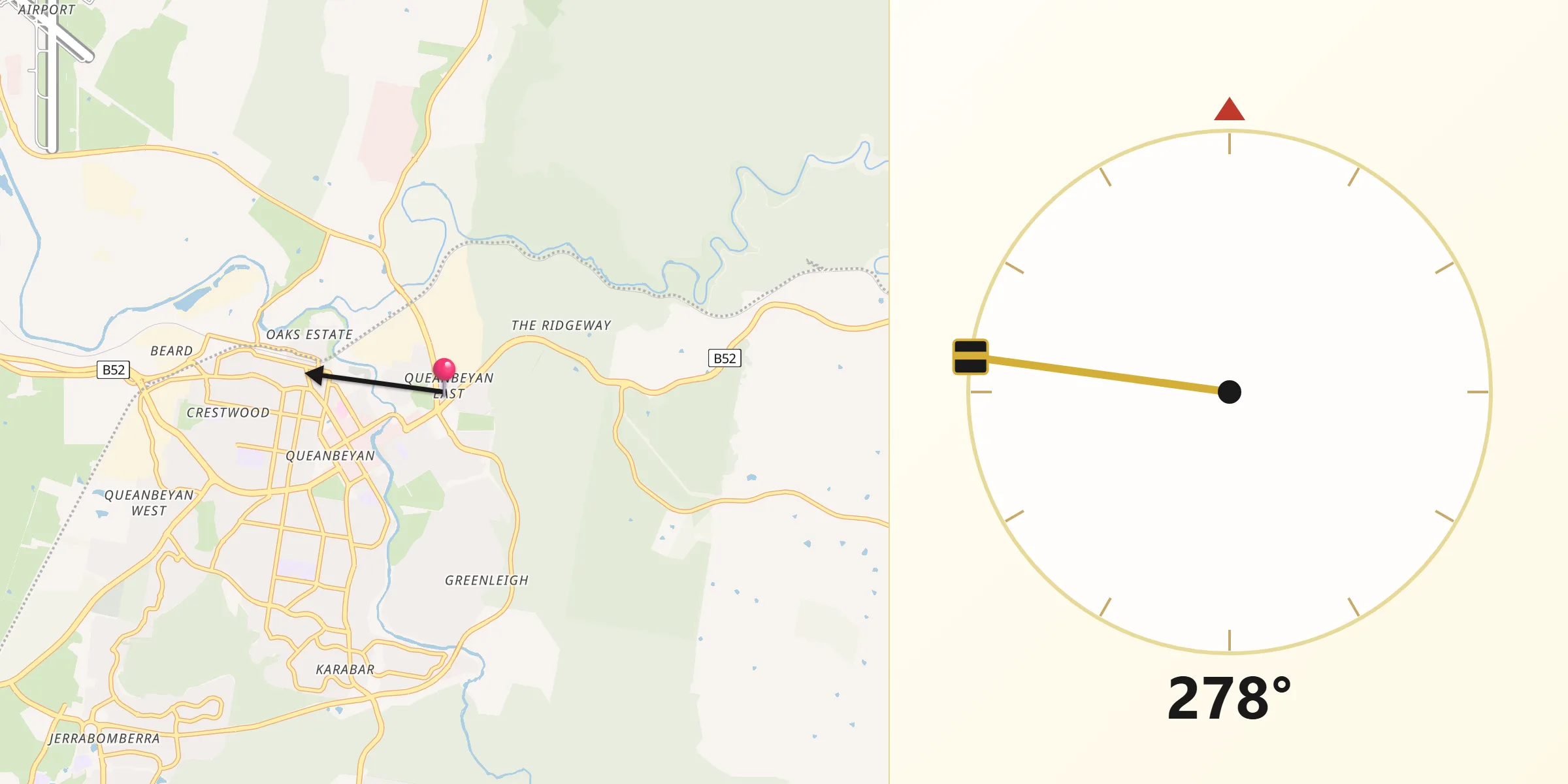 Qibla Direction from Queanbeyan East