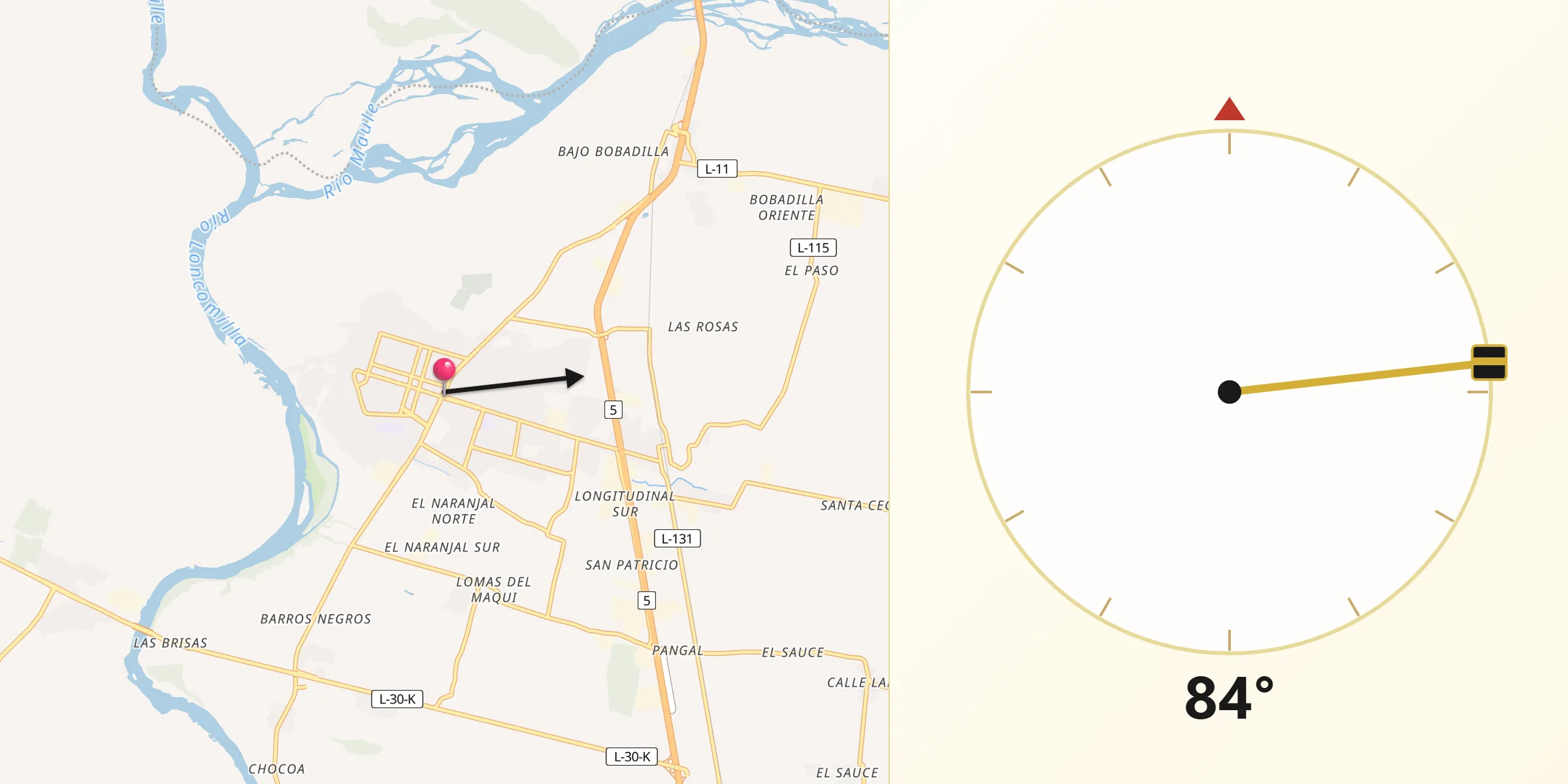 Dirección de la Qibla desde San Javier de Loncomilla
