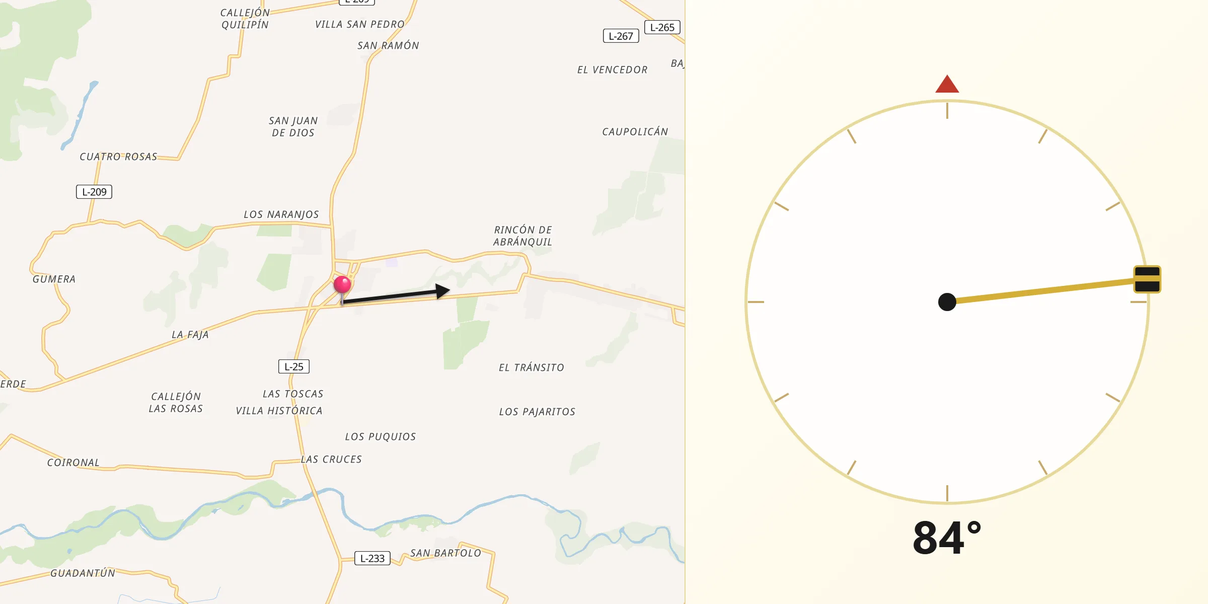 Dirección de la Qibla desde Yerbas Buenas