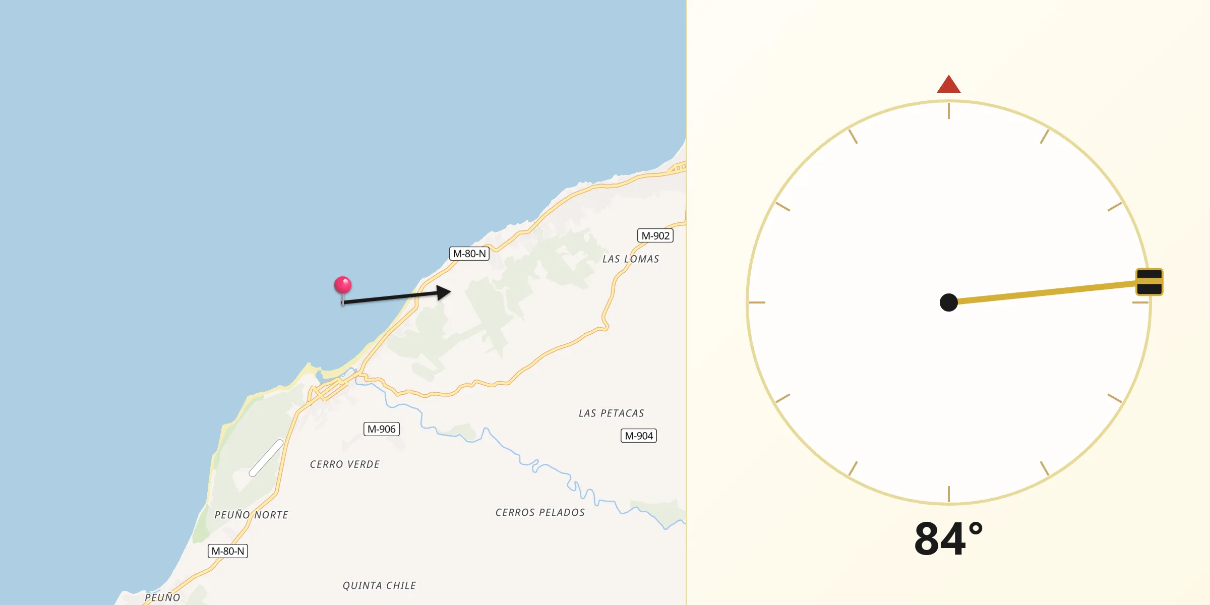 Dirección de la Qibla desde Pelluhue