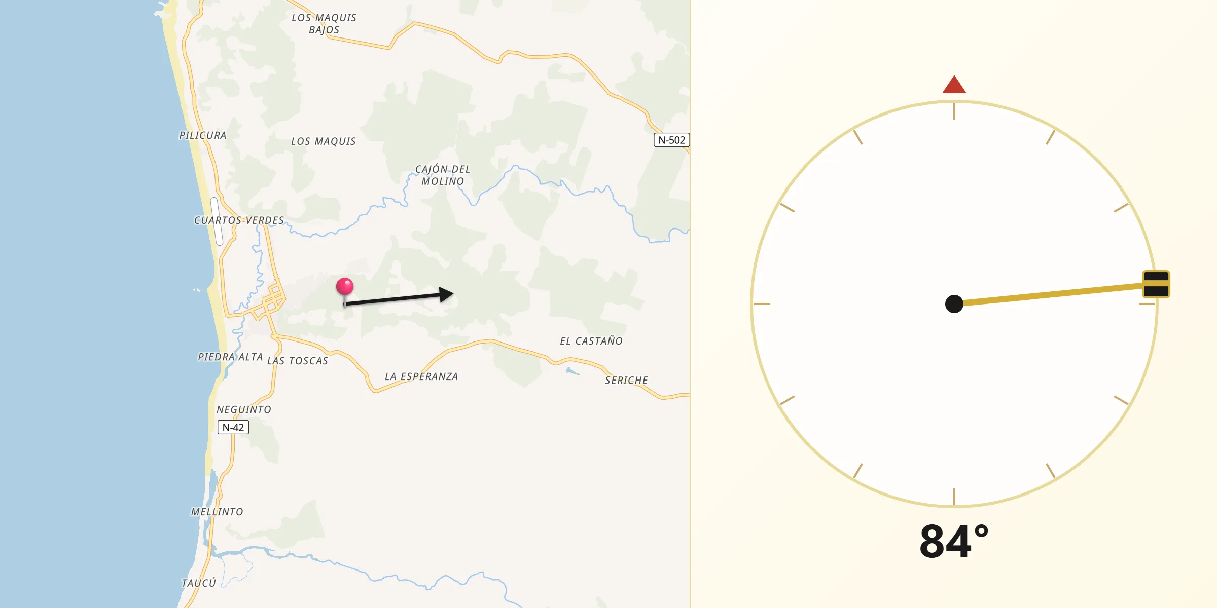 Dirección de la Qibla desde Cobquecura
