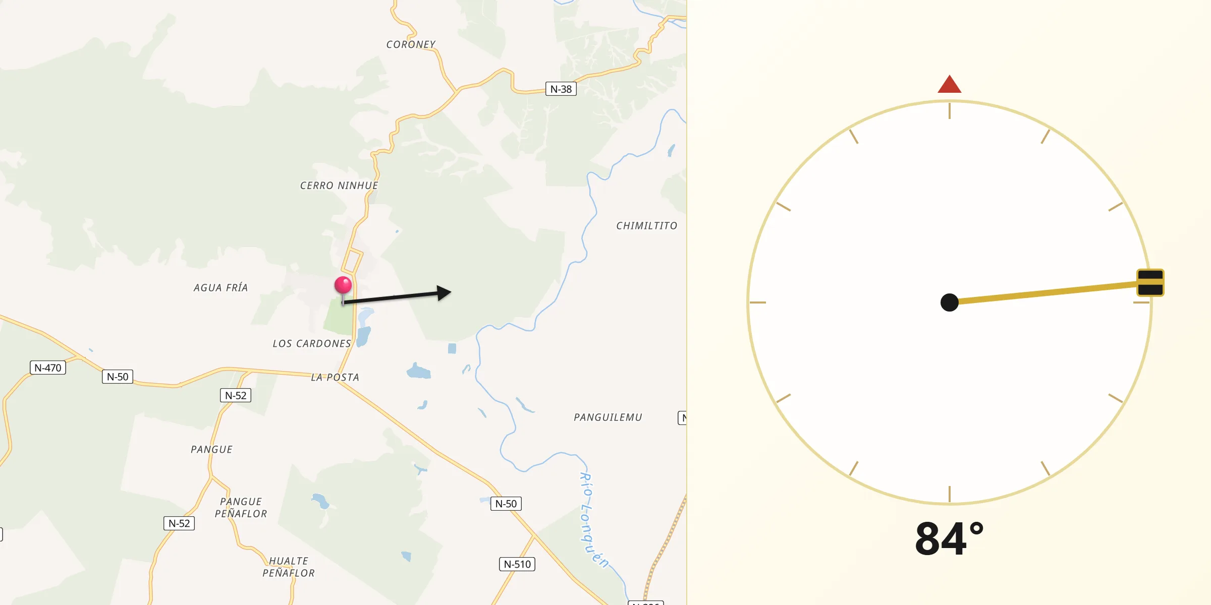 Dirección de la Qibla desde Ninhue
