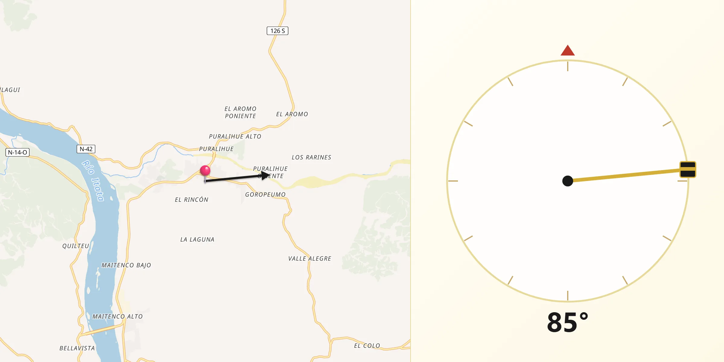 Dirección de la Qibla desde Treguaco