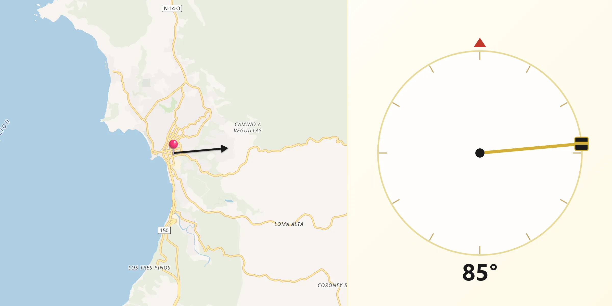 Dirección de la Qibla desde Tomé