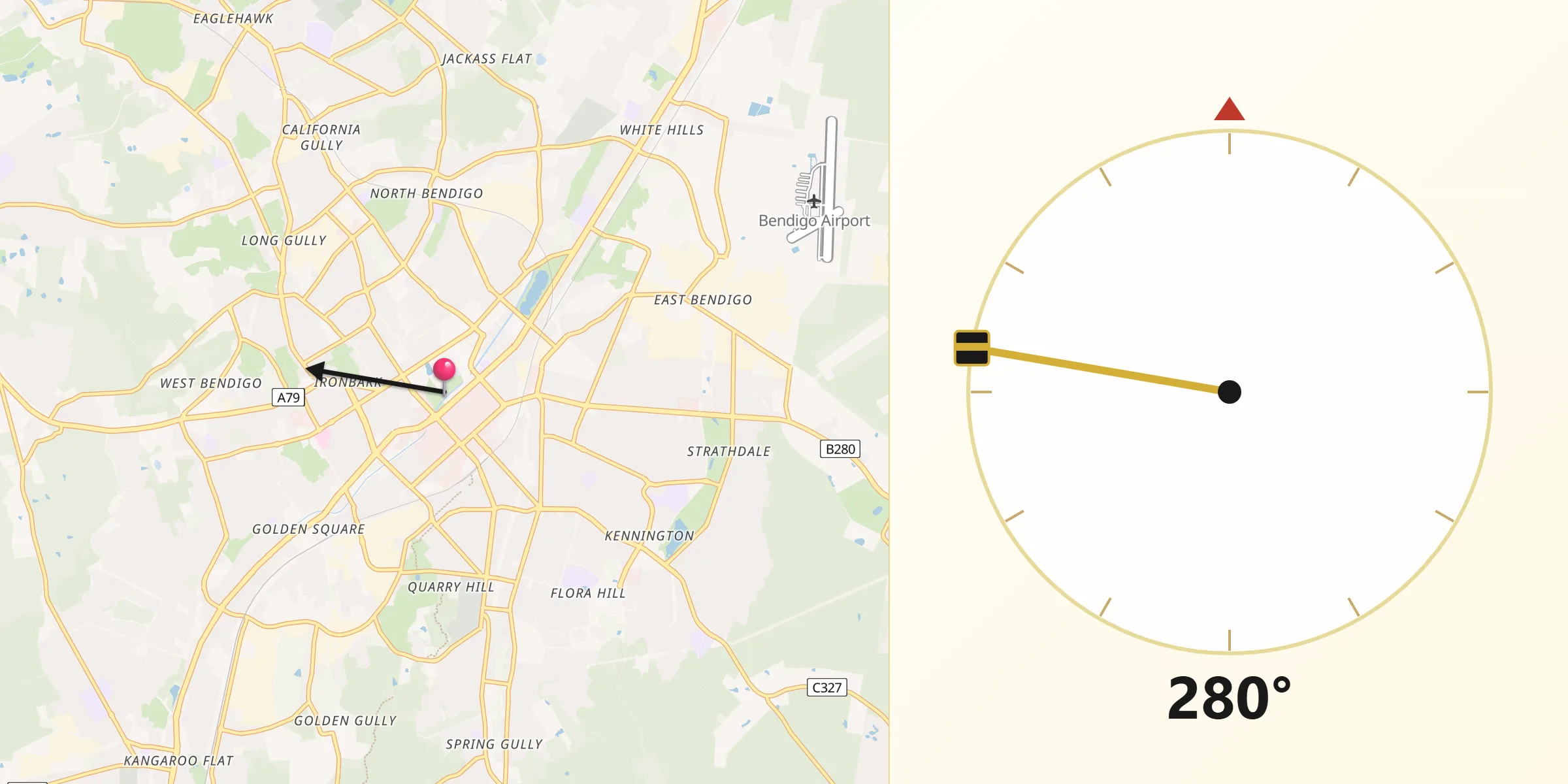 Qibla Direction from Bendigo city centre