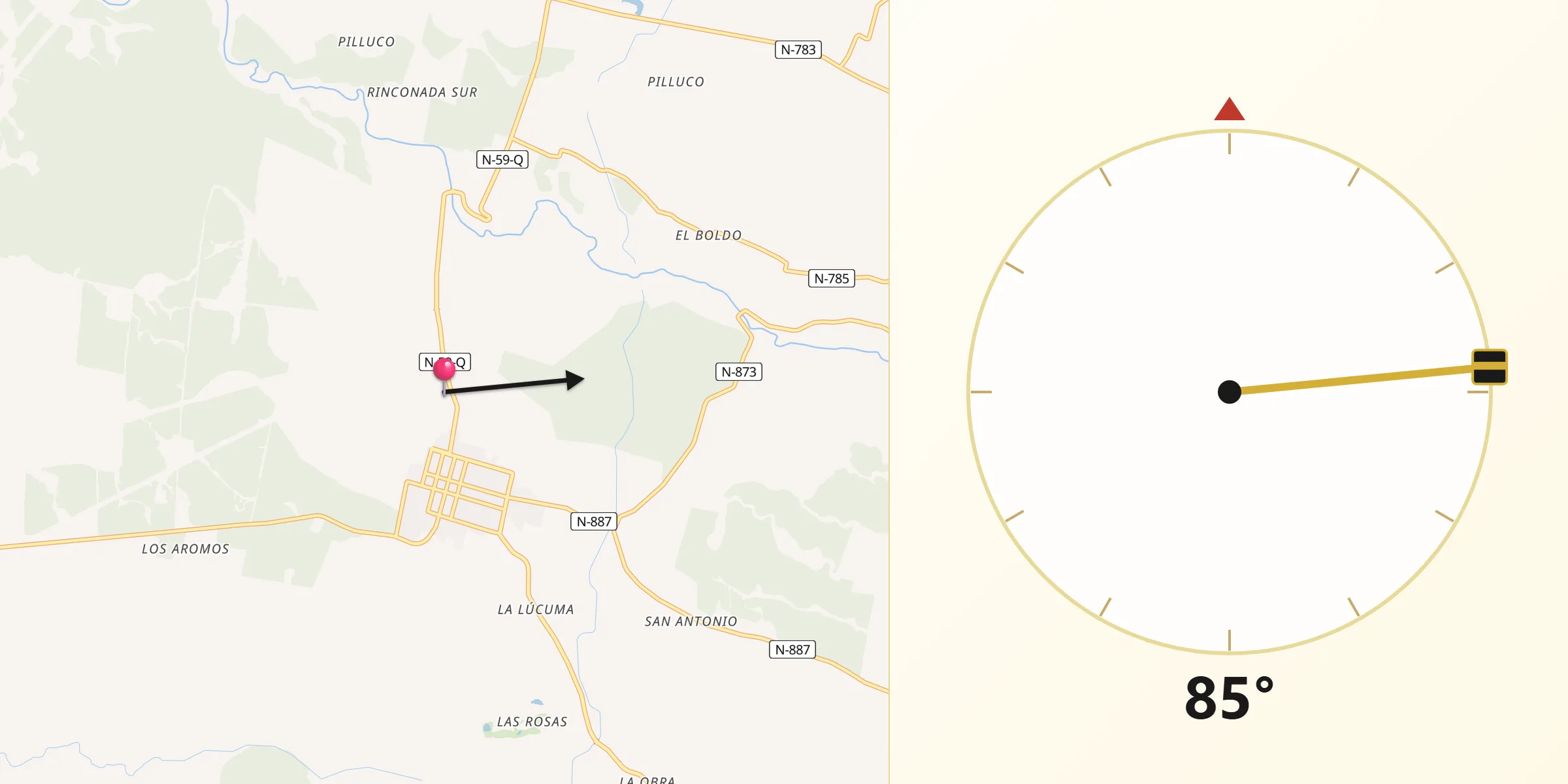 Dirección de la Qibla desde Pemuco