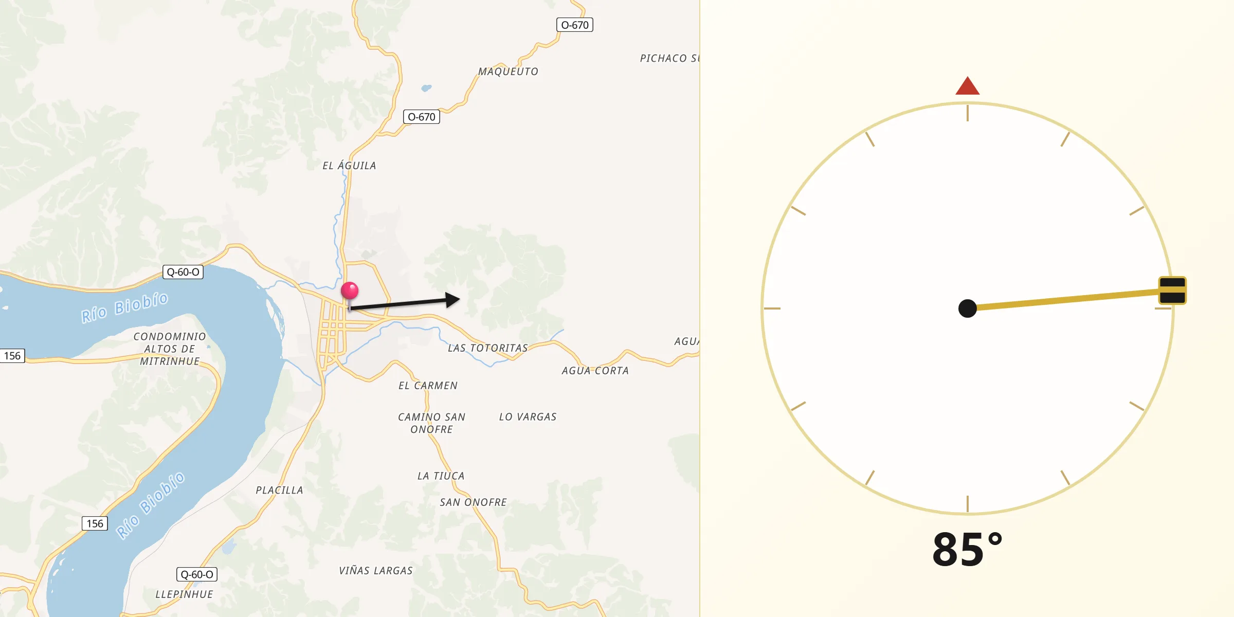 Dirección de la Qibla desde Hualqui