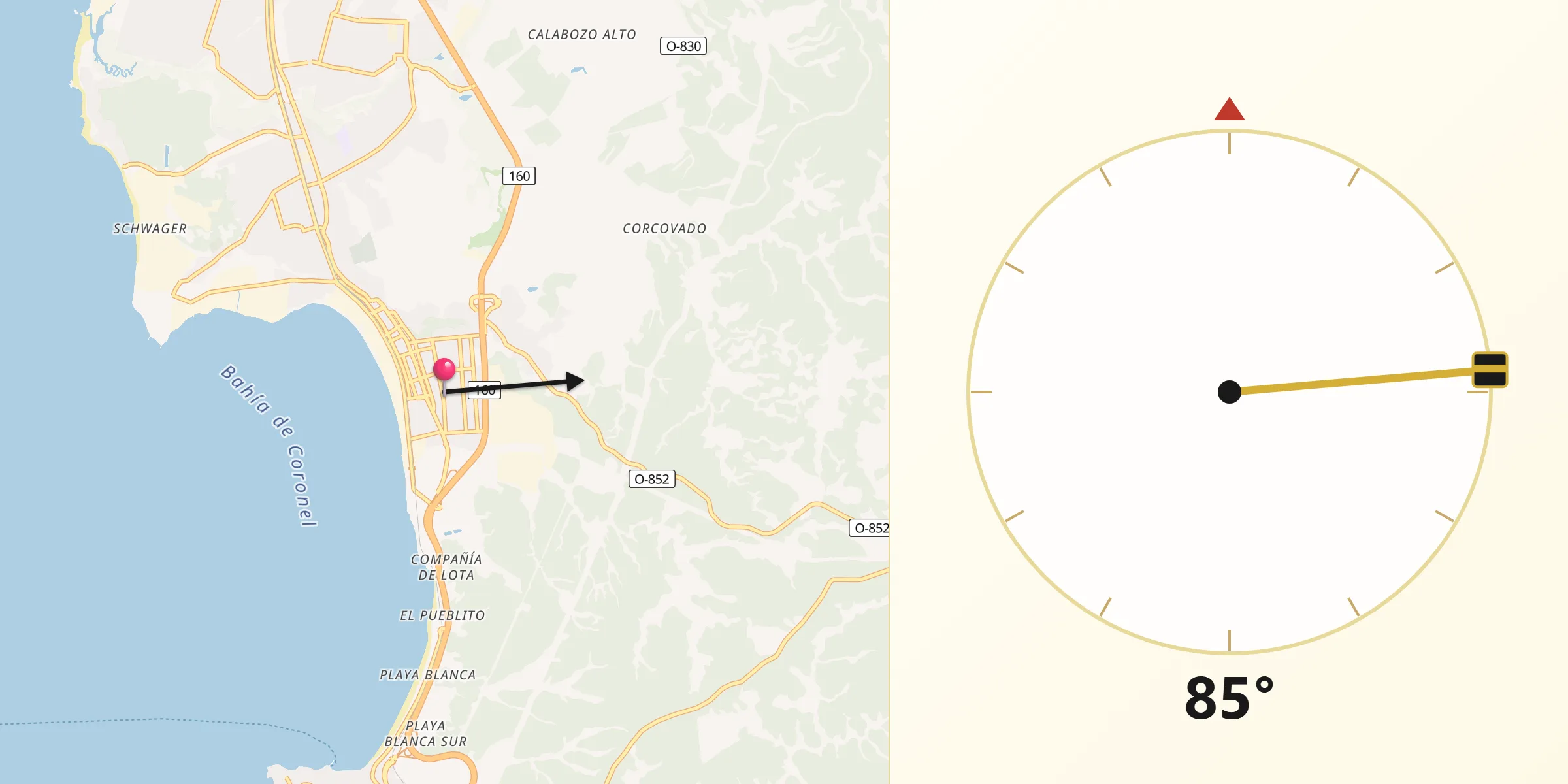 Dirección de la Qibla desde Coronel