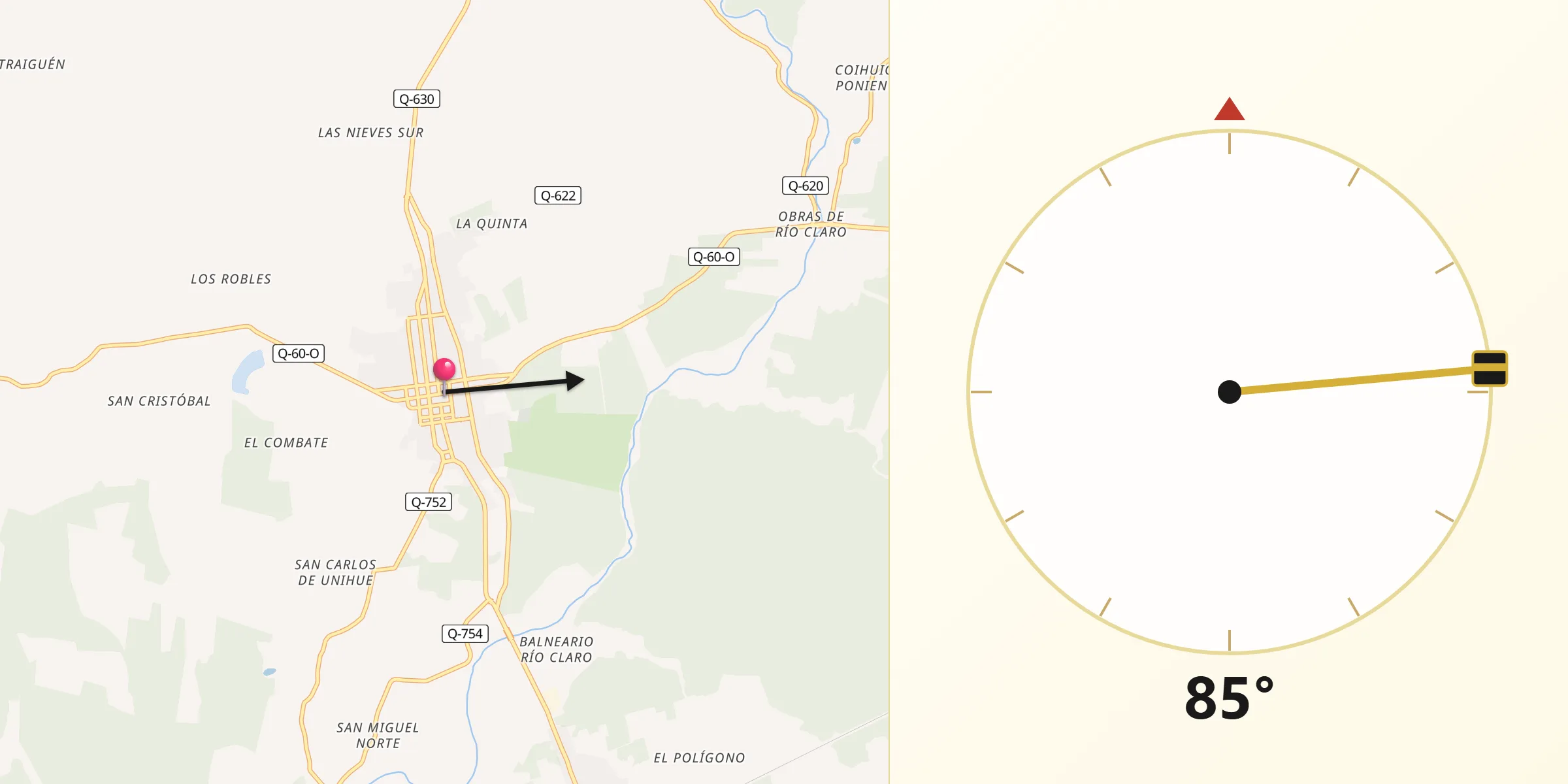 Dirección de la Qibla desde Yumbel