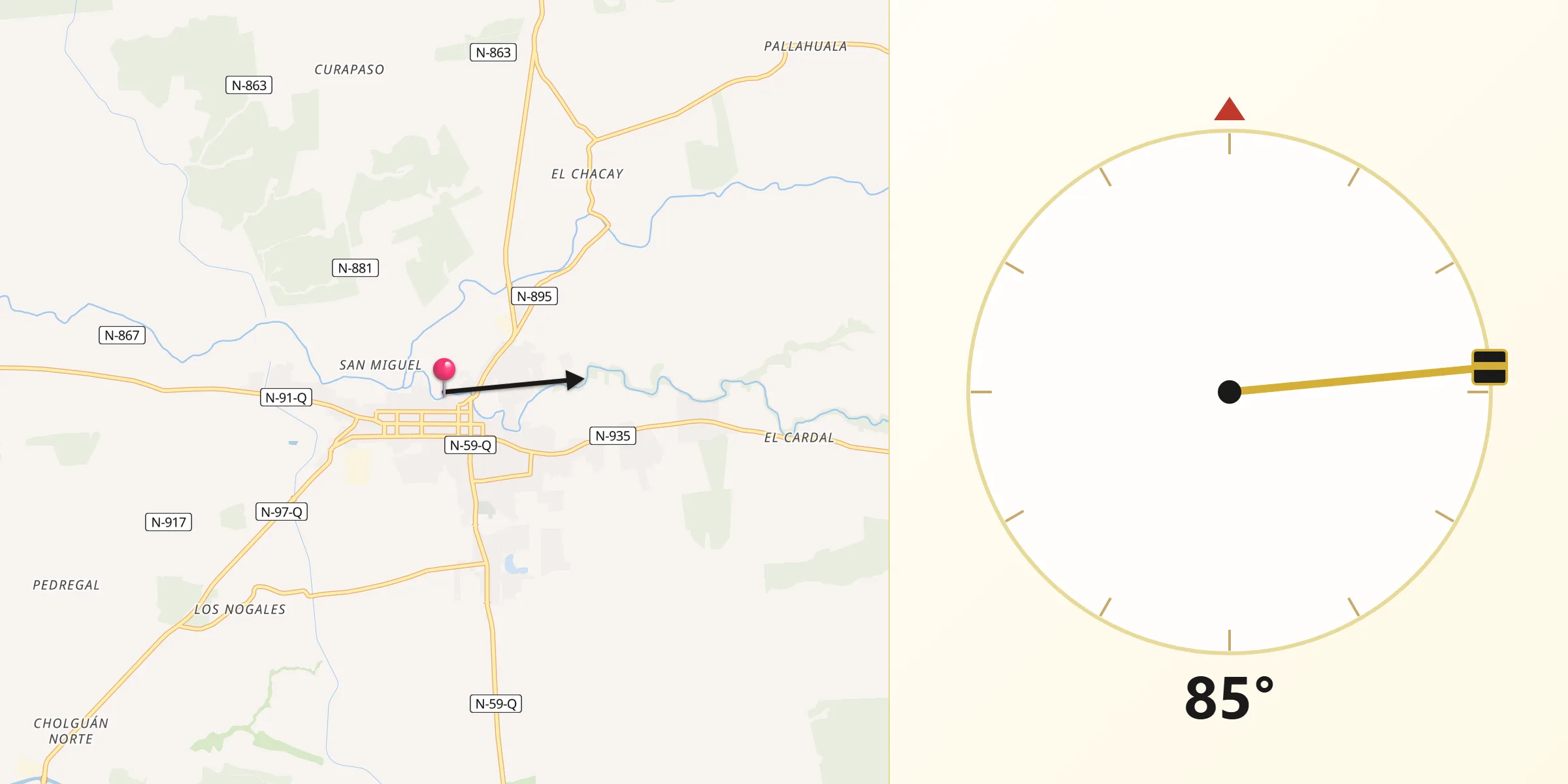 Dirección de la Qibla desde Yungay
