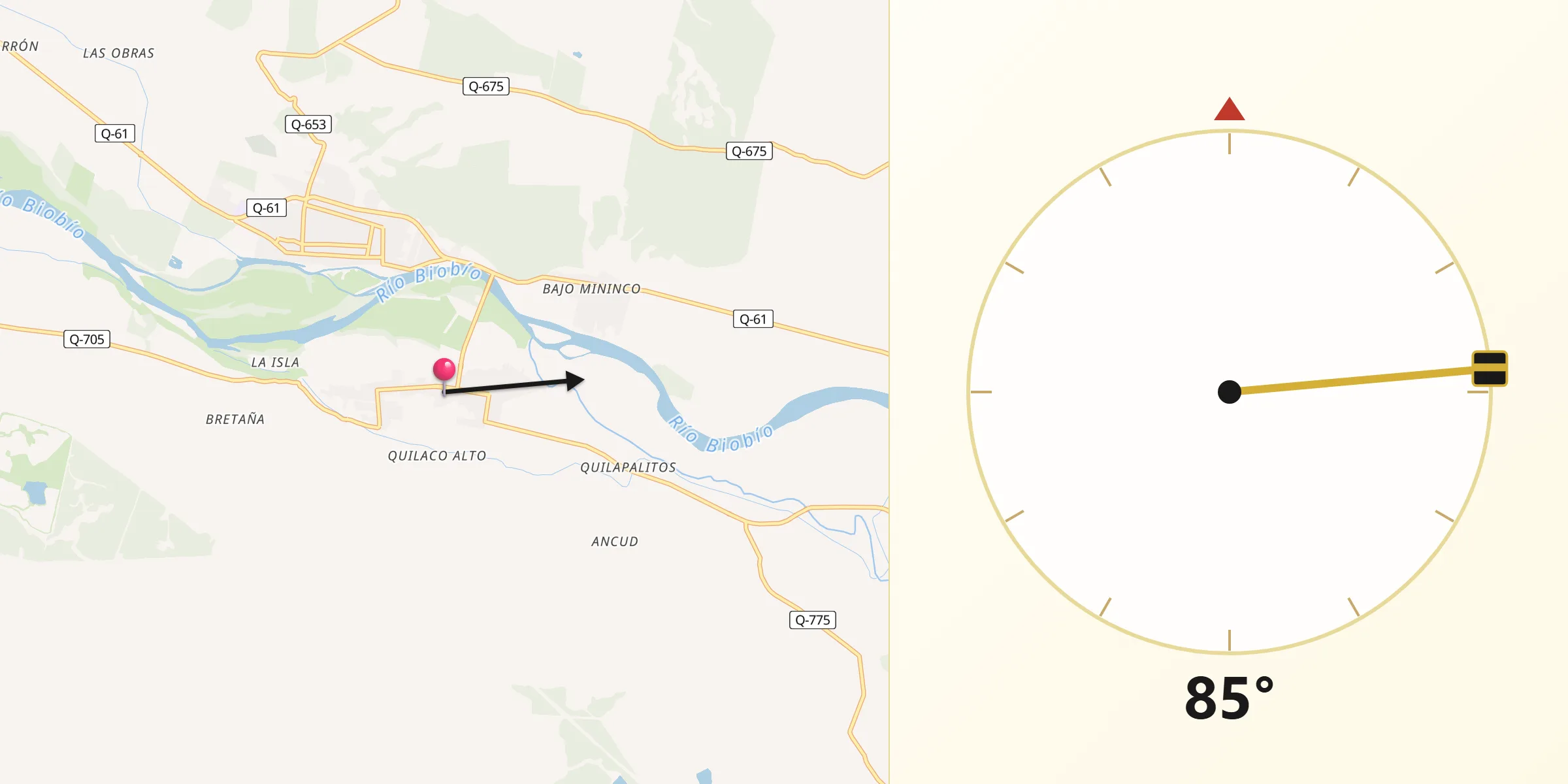 Dirección de la Qibla desde Quilaco