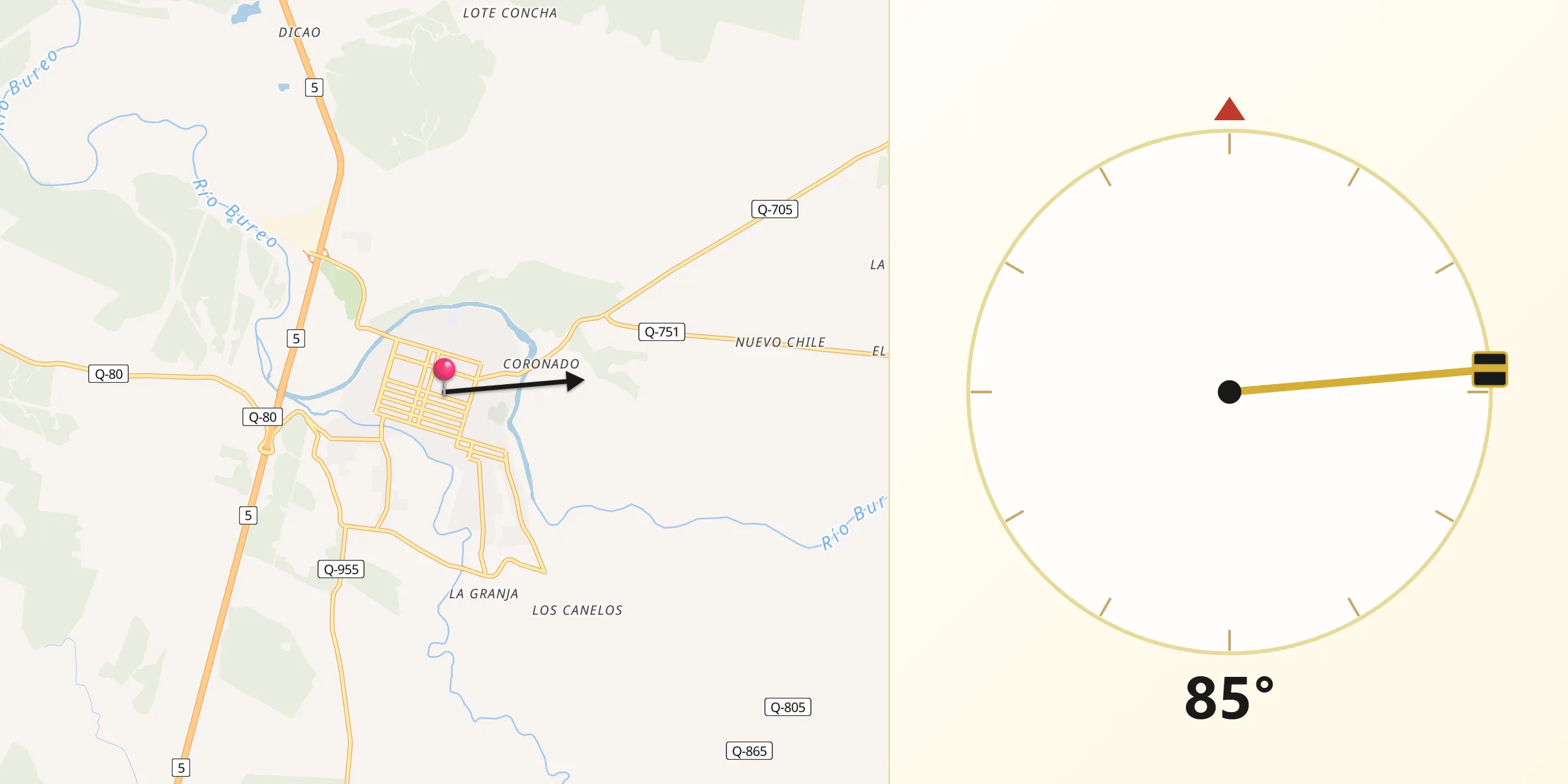 Dirección de la Qibla desde Mulchén