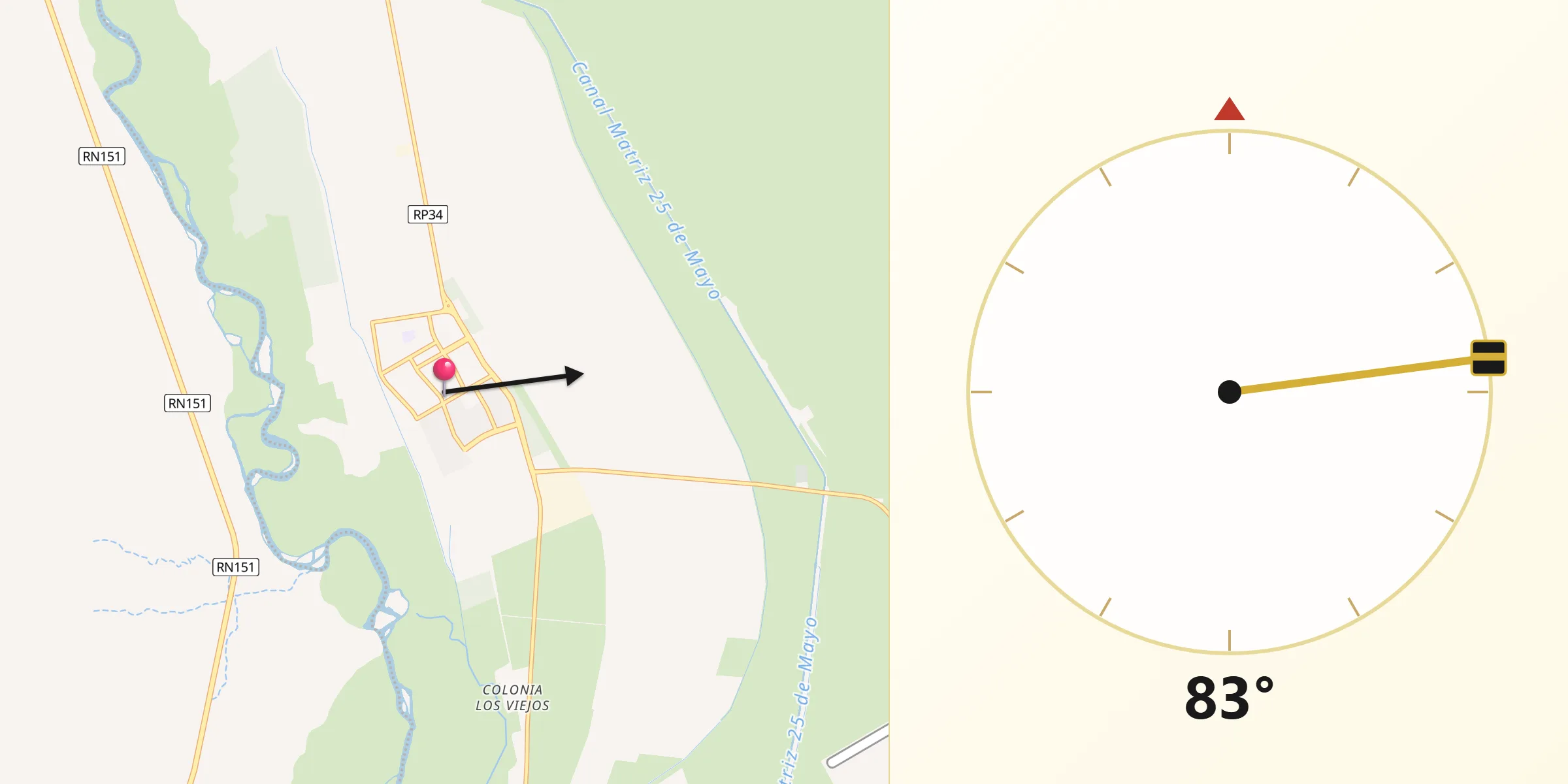Dirección de la Qibla desde Veinticinco de Mayo