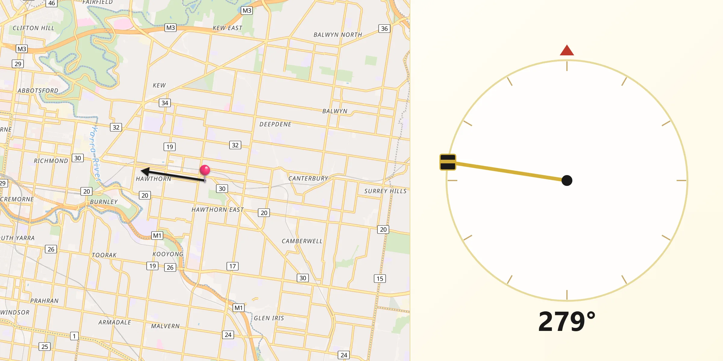 Qibla Direction from Hawthorn East