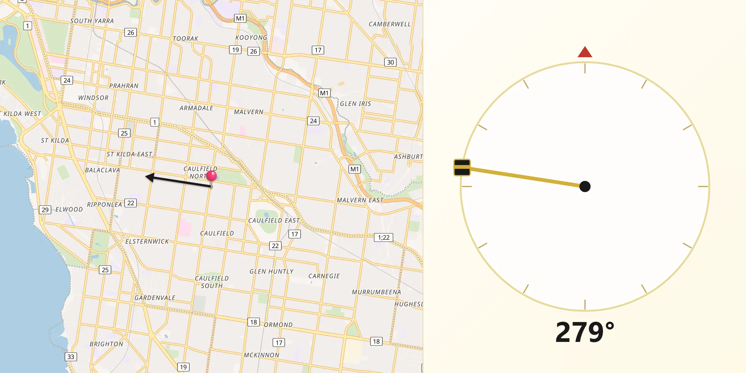 Qibla Direction from Caulfield North