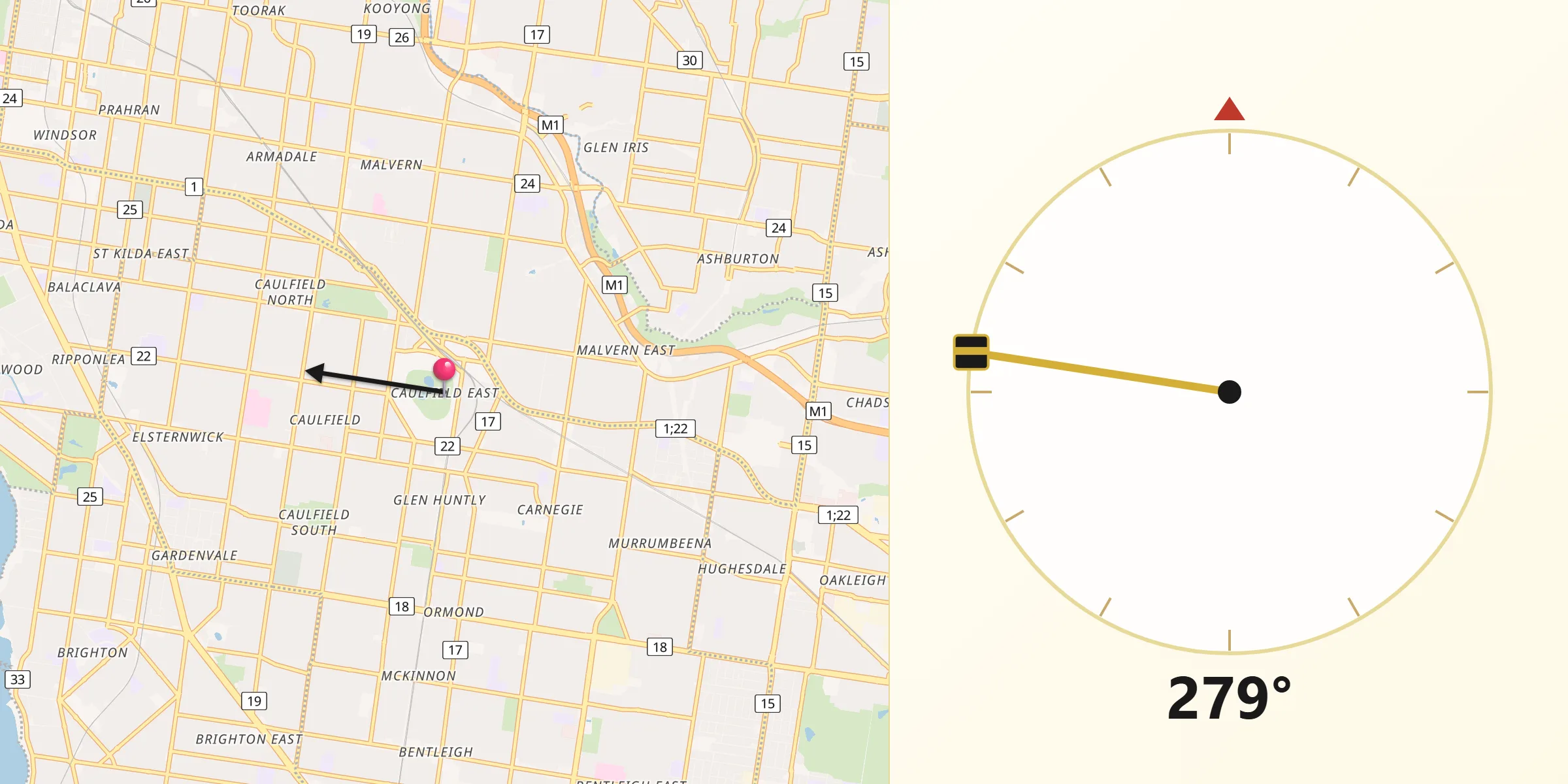 Qibla Direction from Caulfield East