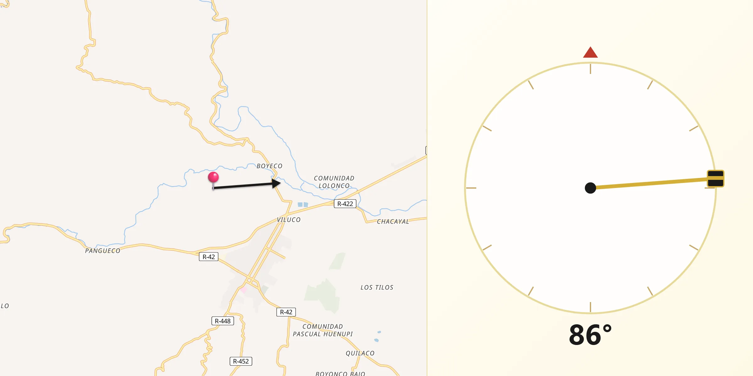Dirección de la Qibla desde Purén