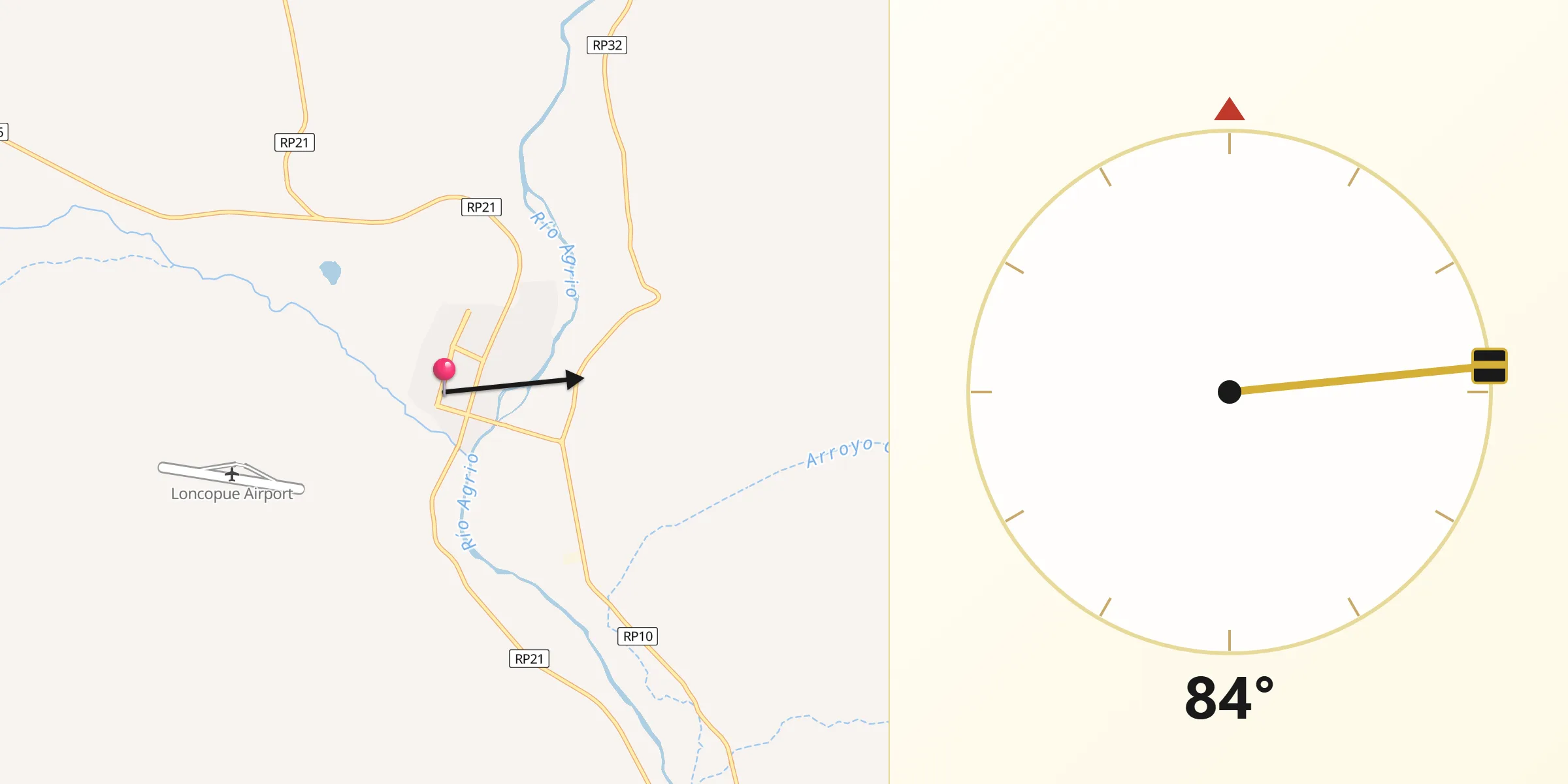 Dirección de la Qibla desde Loncopué