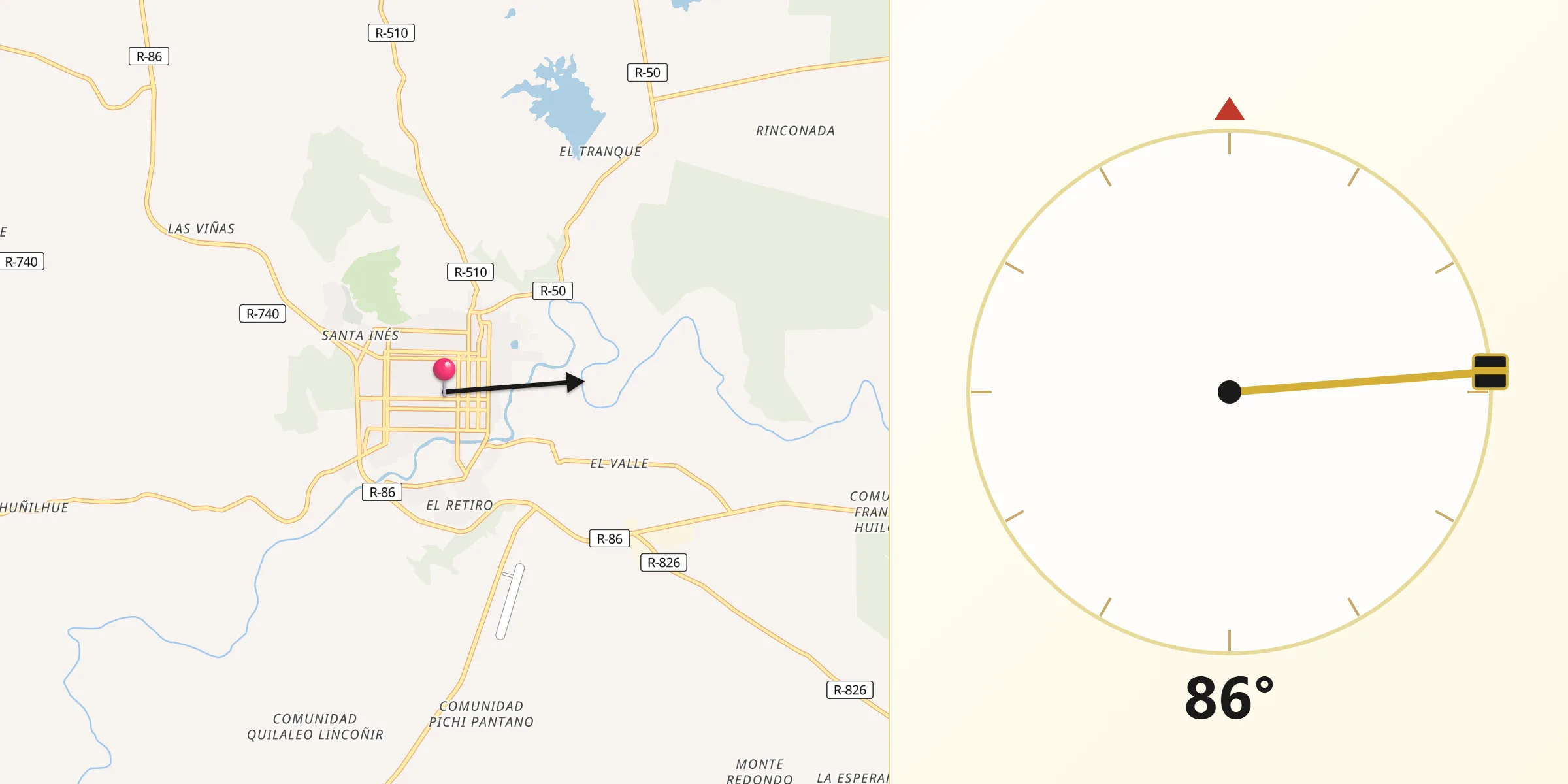 Dirección de la Qibla desde Traiguén